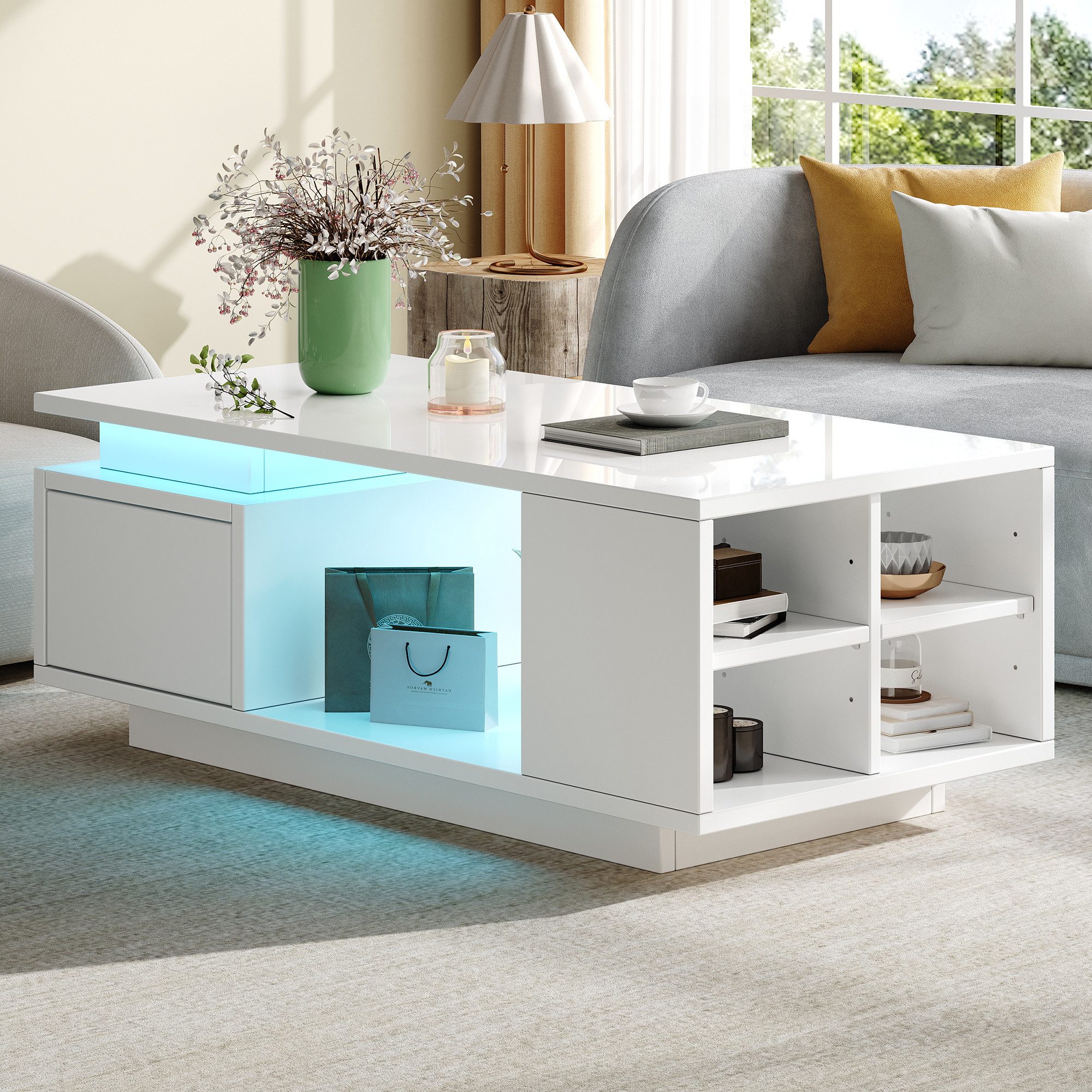 Merax Couchtisch hochglanz Sofatisch Beistelltisch mit LED-Beleuchtung (1-St), Wohnzimmertisch mit Schublade & seitlichem Stauraum, 100x50x36cm