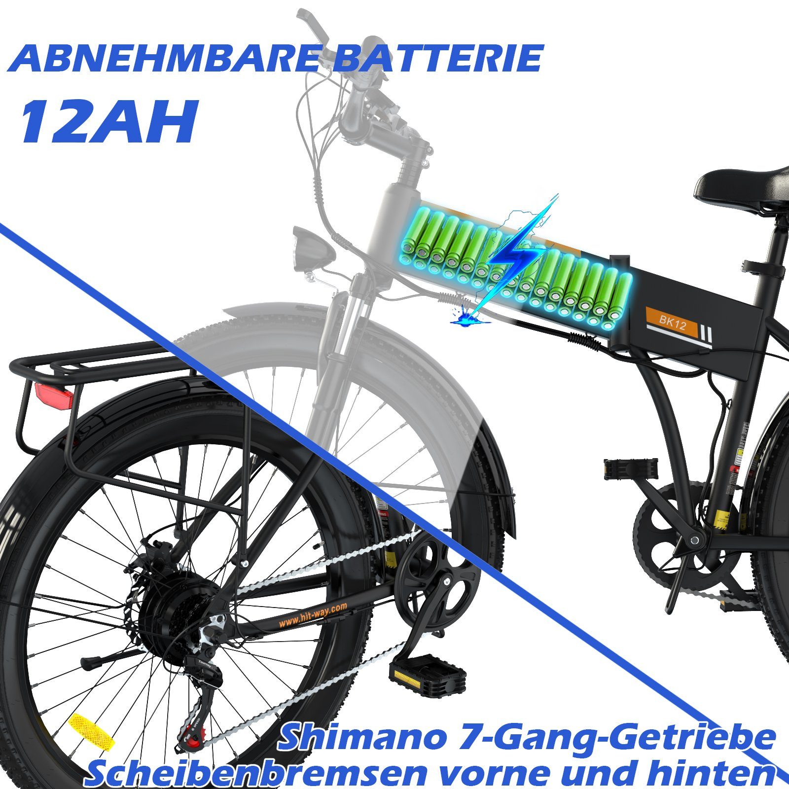 E-Bike Shimano 7Gang Max 36V12Ah Klapprad 35-90km 26", Elektrofahrrad HITWAY E-BIKE