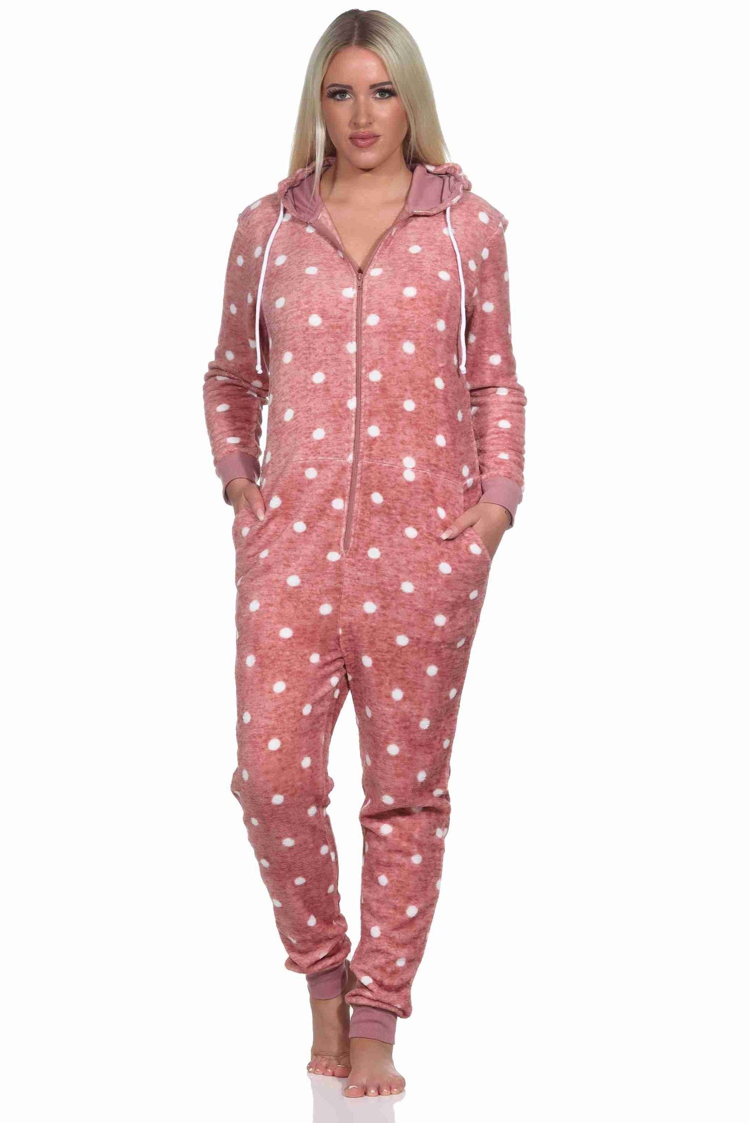 in Jumpsuit Punkte Kuschelig Pyjama Damen Optik rosa Schlafanzug Tupfen warmer Normann