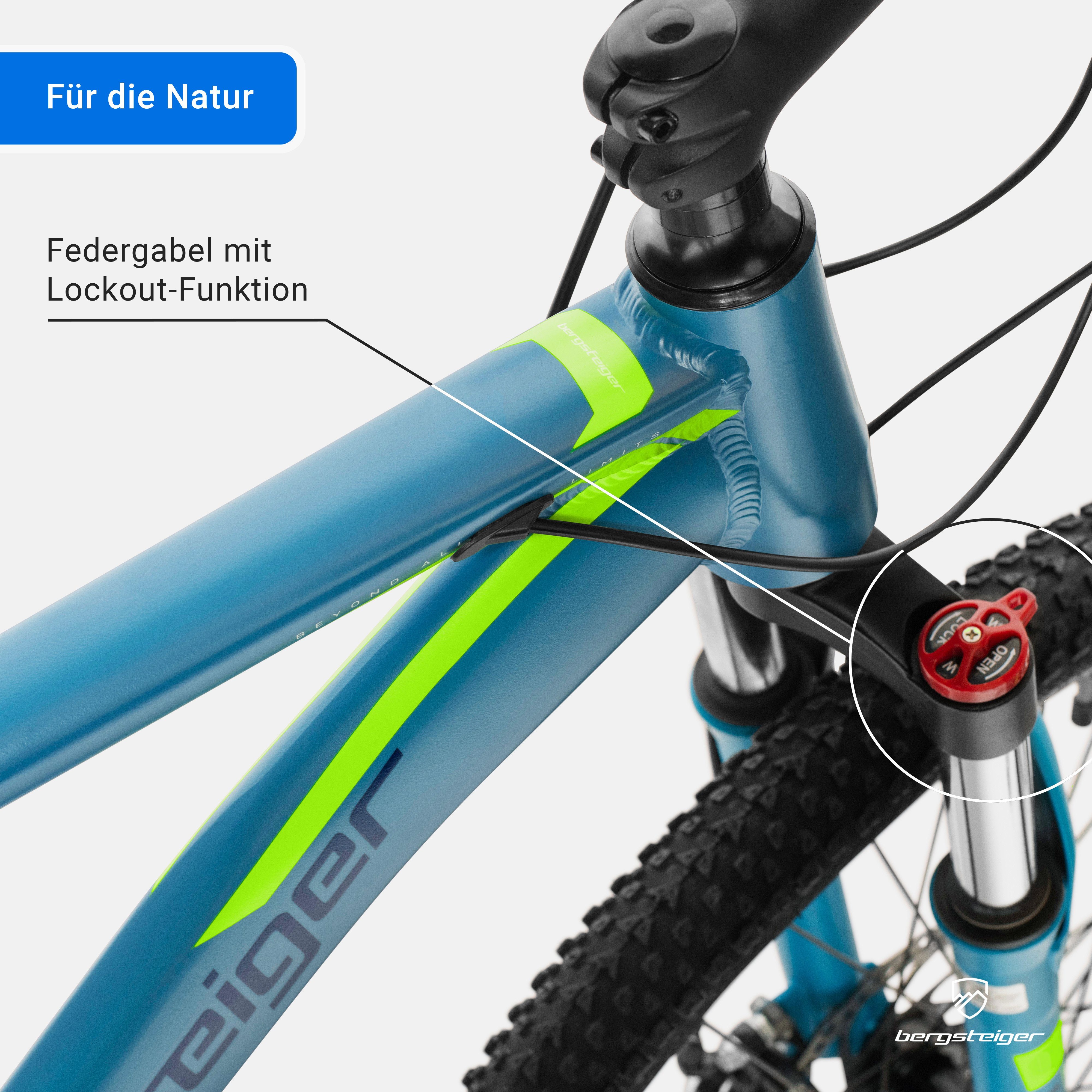 bergsteiger Mountainbike Makalu 26, 29 Zoll Mountainbike Alu, geeignet ab 150 cm, Damen, Herren, 21 Gang Shimano Tourney RD-TY300 Schaltwerk, Kettenschaltung, Scheibenbremsen