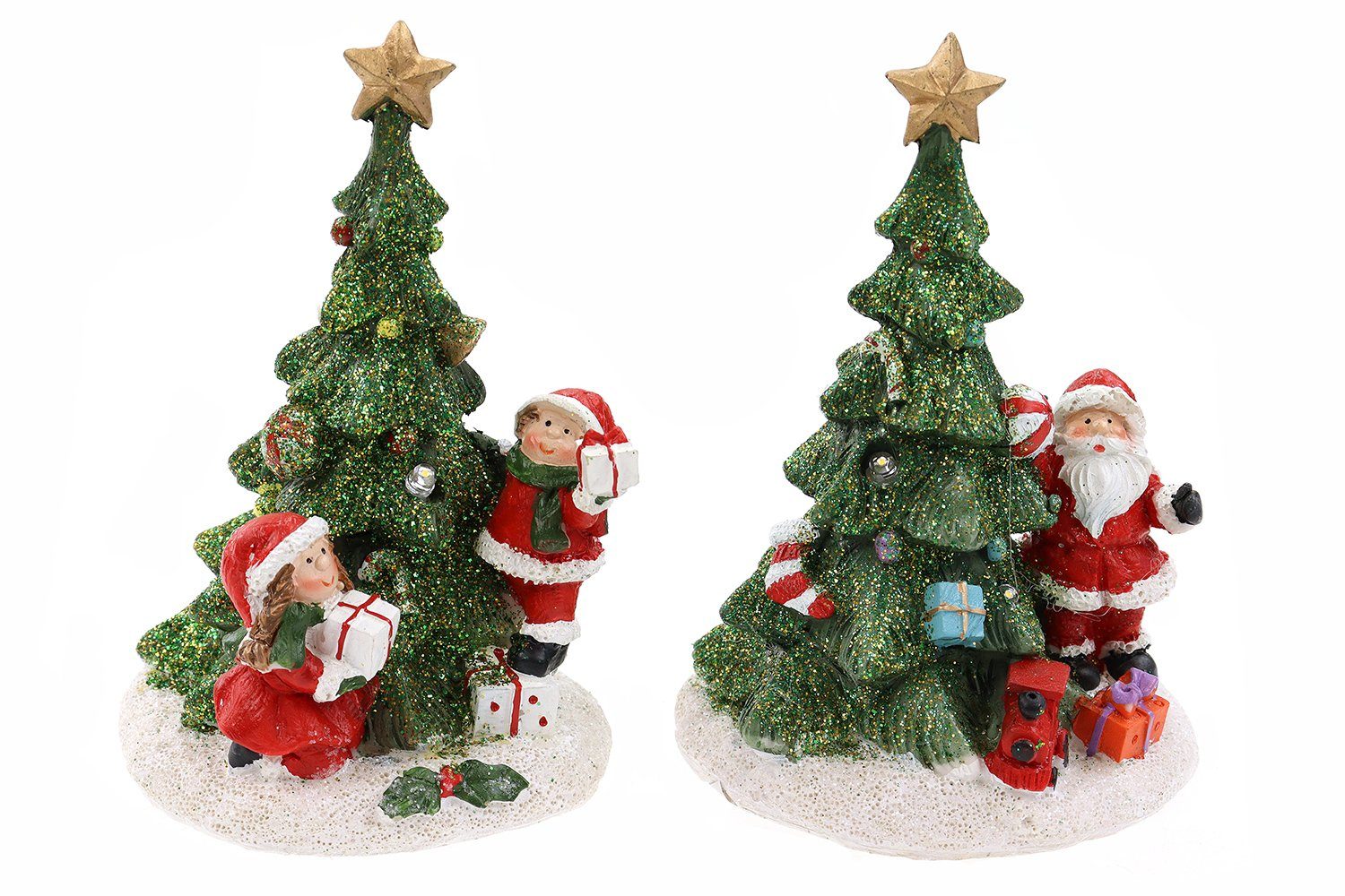 ELLUG Weihnachtsfigur 2er Set beleuchteter Weihnachtsbaum mit Glitzer & LED-Licht, Schneemann & Weihnachtsmann mit Geschenken H.: 14,5cm aus Polyresin | Dekofiguren