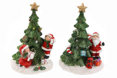 ELLUG Weihnachtsfigur 2er Set beleuchteter Weihnachtsbaum mit Glitzer & LED-Licht, Schneemann & Weihnachtsmann mit Geschenken H.: 14,5cm aus Polyresin