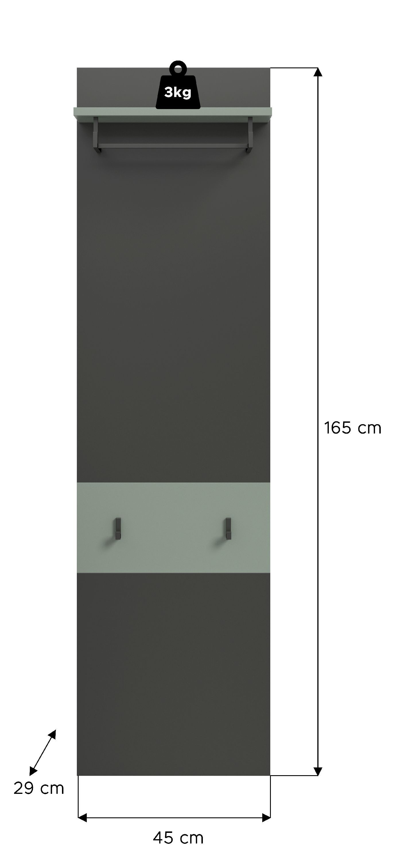 xonox.home Garderobenpaneel, Basalt grau/Smoke Green Melamin beschichtet 165x45x29 cm