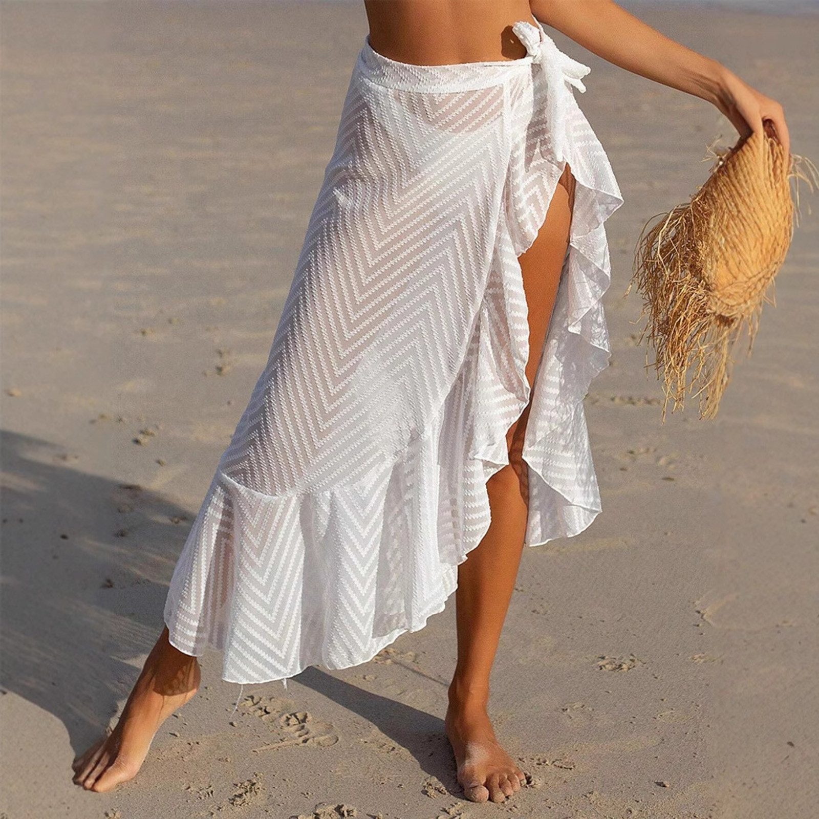 MOPUEA Wickelrock Maxirock Damen Strand-Wickelrock Netzoptik mit Rüschenbindung (Damen Wickelrock aus Netzstoff mit Rüschen für Strand und Urlaub, Größe L, Taille ca. 88 cm, Rocklänge ca. 96 cm) Atmungsaktiv, elastisch, schnelltrocknend, leicht und verstellbar