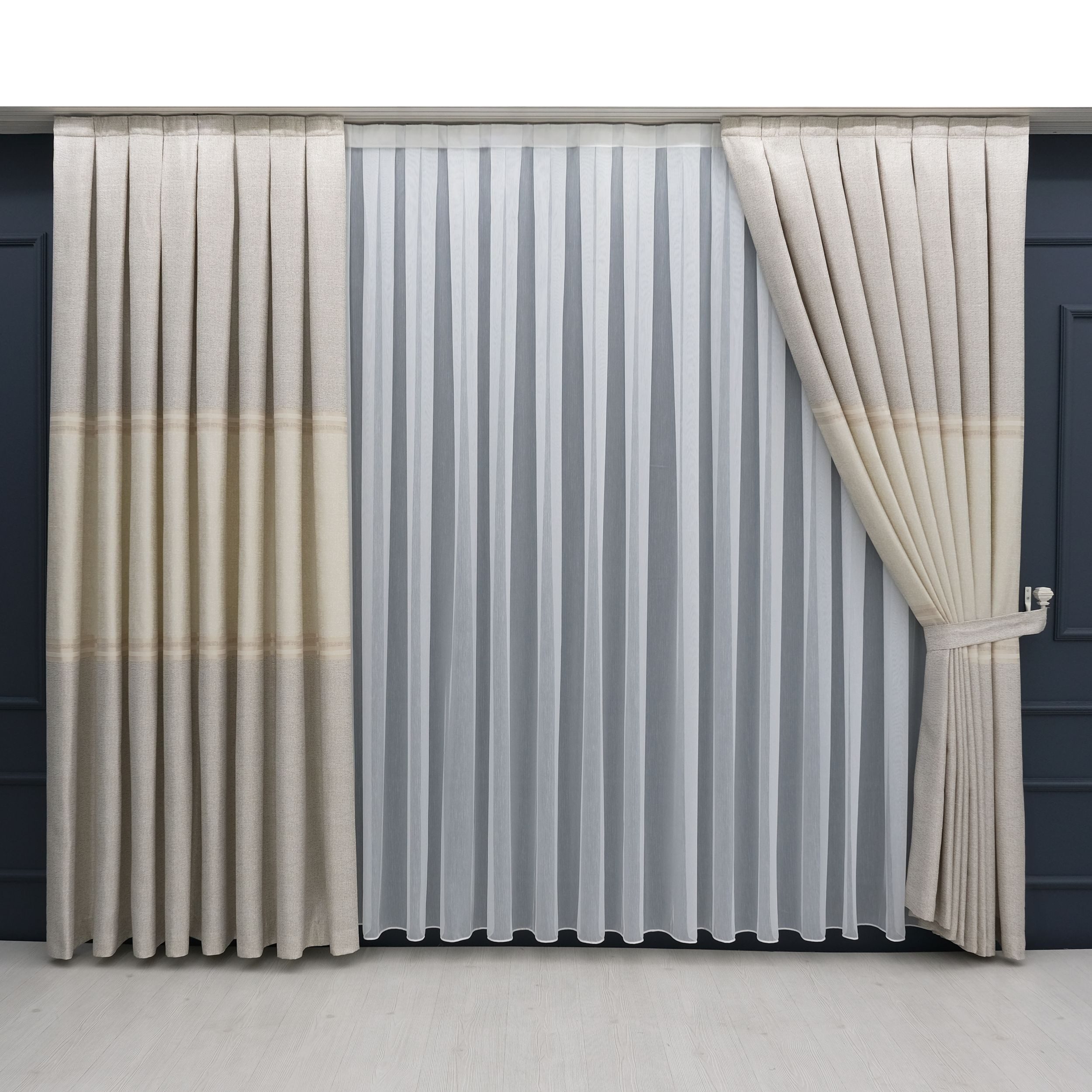 Gardinen by Justyna Vorhang Komplett-Set Vorhang Beige – Falten mit Store (5 St), Kräuselband, halbtransparent, Fertiggardine, Halbtransparent, Faltenband, Komplett-Set, Pflegeleicht