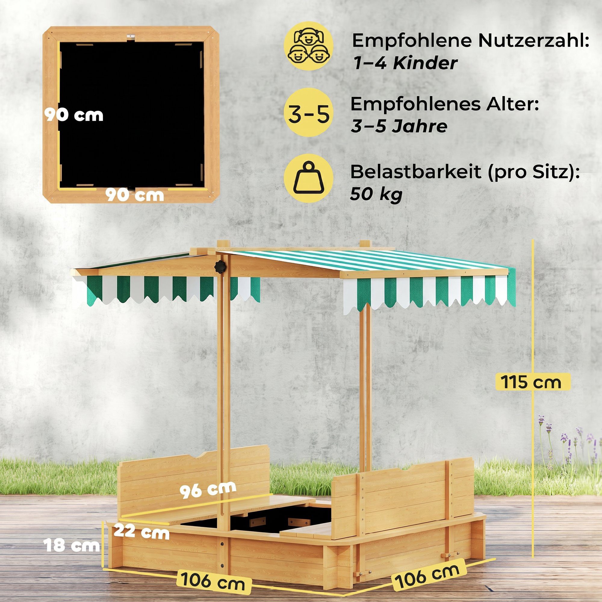 Outsunny Sandkasten Kinder Sandbox 106x106 cm mit höhenverstellbar Abdeckung aus Holz, (Kinder Sandbox, 1-tlg., Sandkiste), aus Holz für Outdoor Garten Terrasse Balkon Hellbraun