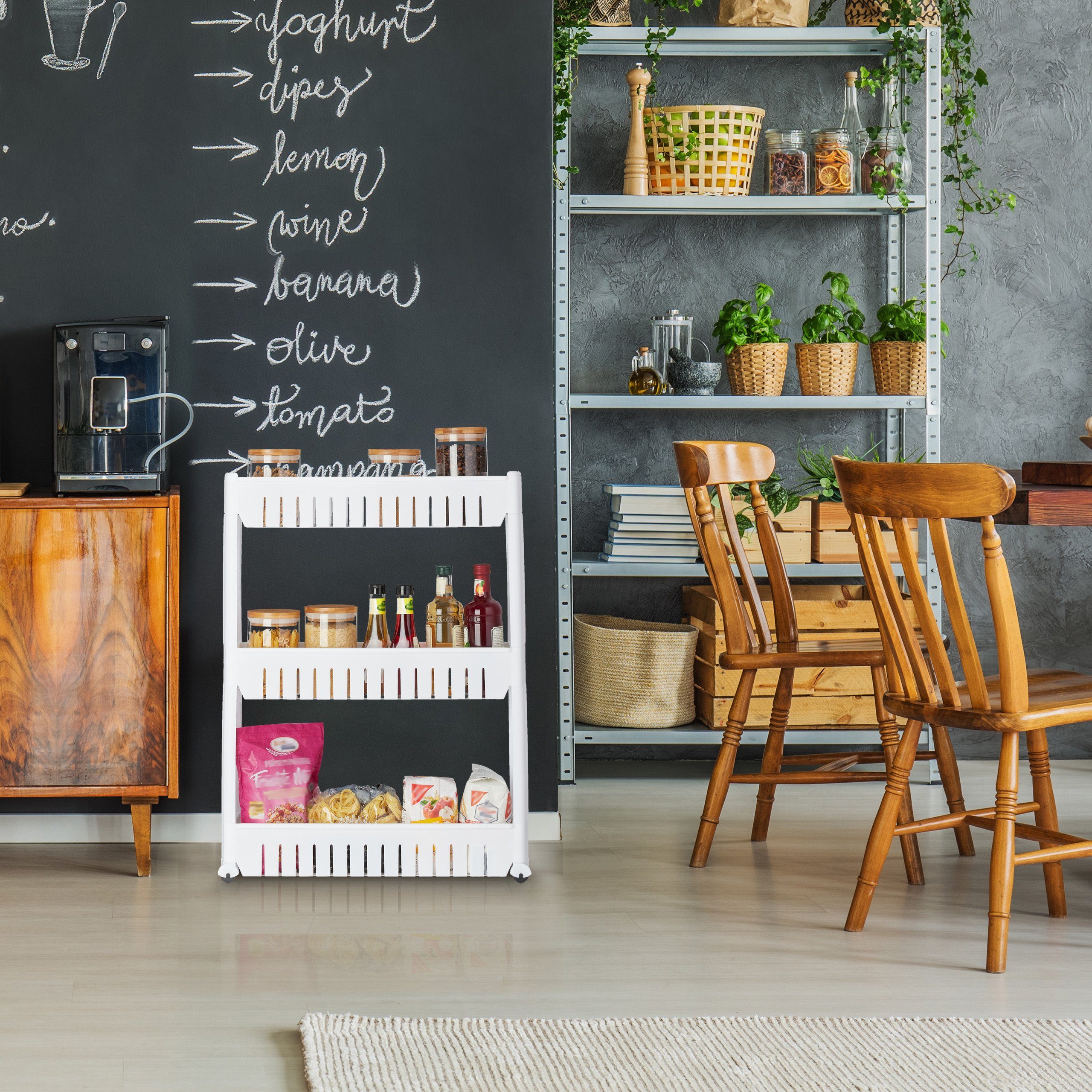 relaxdays Küchenregal Schmaler Nischenwagen mit 3 Ablagen, weiß günstig online kaufen