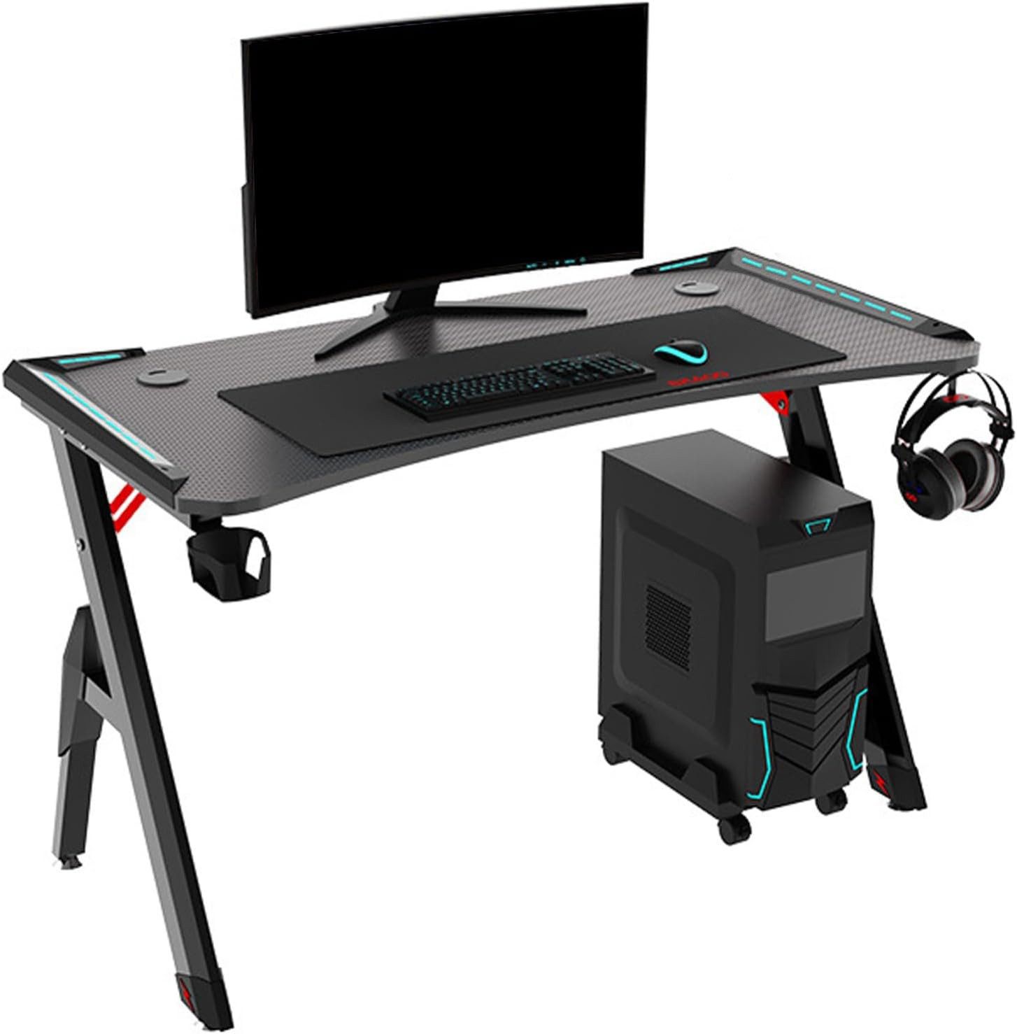 Rhein Beleuchtung Gamingtisch Gaming Schreibtisch 140×60 cm mit RGB-LED & Headsethalter (Computertisch mit Carbon-P2-Oberfläche & verstärkten Beinen), Ergonomischer Gaming Tisch, kratzfest & wasserdicht