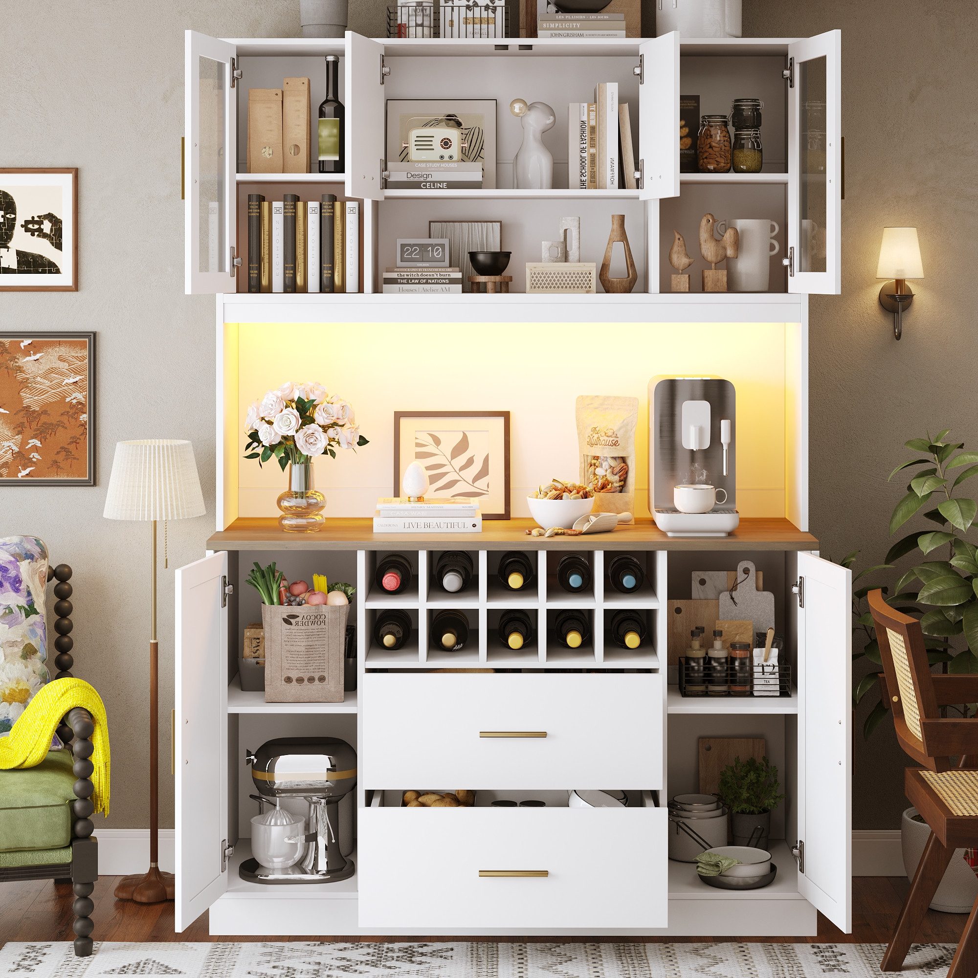 Flieks Küchenbuffet mit LED-Beleuchtung, Steckdose, Weinregal, 2 Schubladen günstig online kaufen