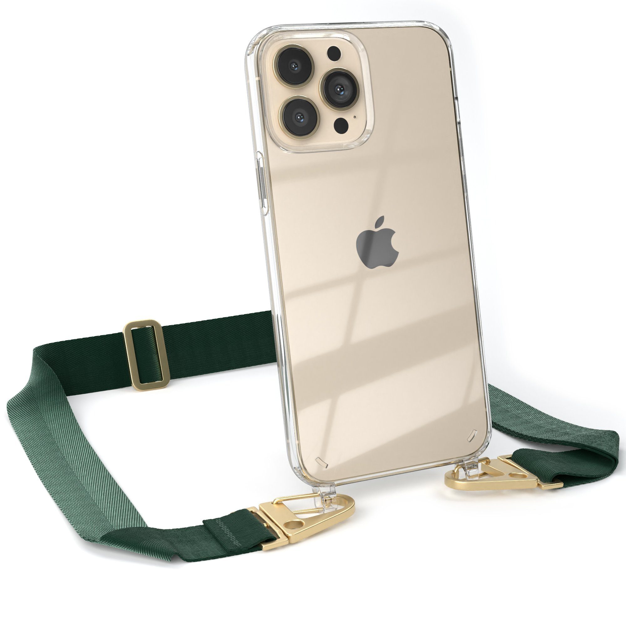 EAZY CASE Handykette Silikon Kette Karabiner für iPhone 13 Pro Max 6,7 Zoll, Handytasche durchsichtige Silikon Hülle mit breitem Umhängeband Grün