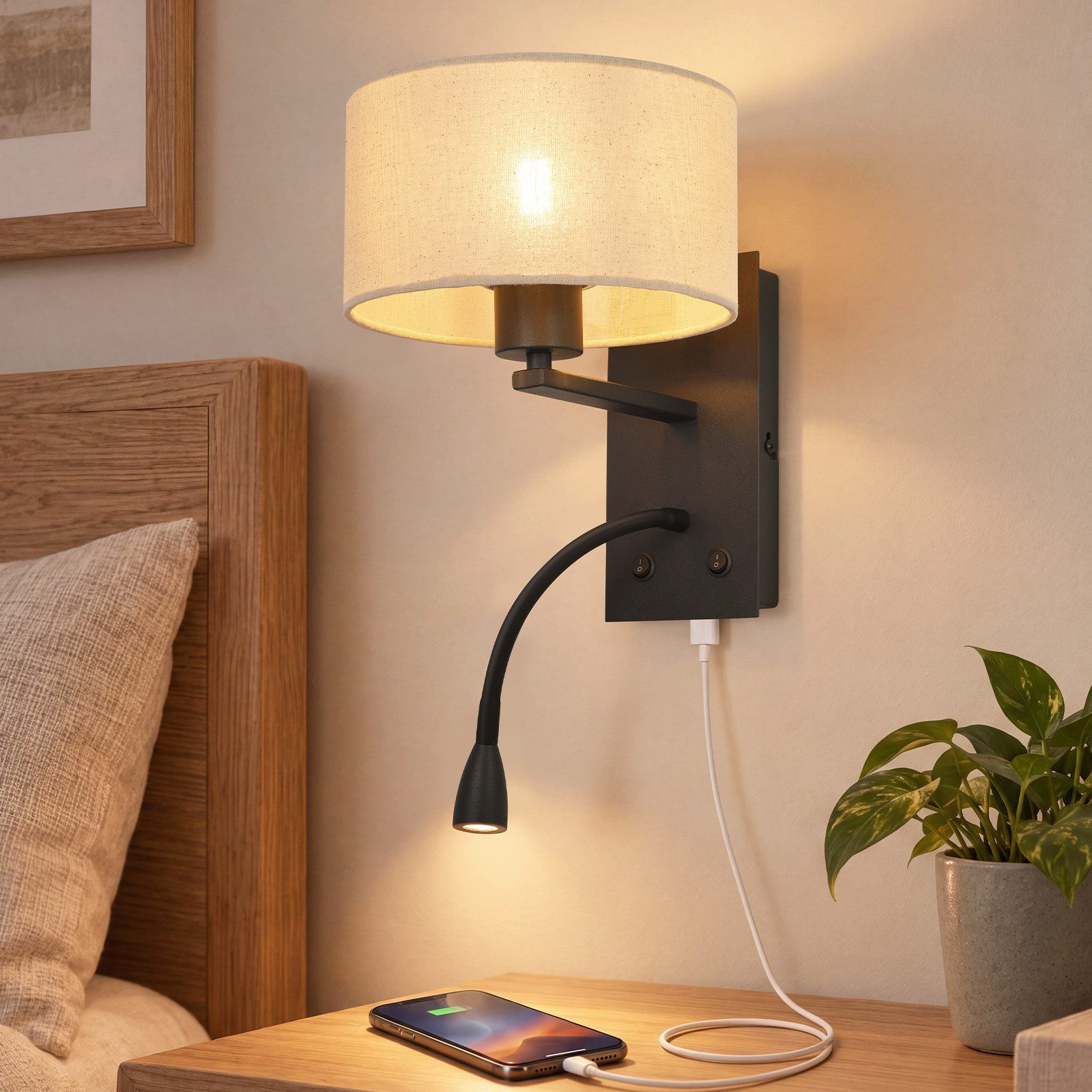Nettlife Wandleuchte E27 USB-Ladeanschluss,Leselampe schwarz Stoff,modern Nachttisch, 360° Flexibles Schwanenhals-Leselicht, ohne Leuchtmittel, Wandleuchte für Schlafzimmer, Wohnzimmer, Leseecke 26*20*26cm