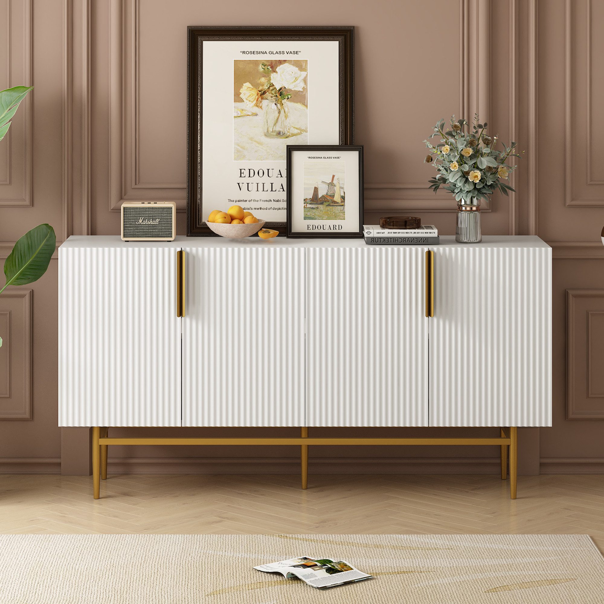 Flieks Sideboard (1 St., Metallgriff und Metallbeine), Anricht mit 4 Türen Buffetschrank 152,5*40,5*80cm, Weiß