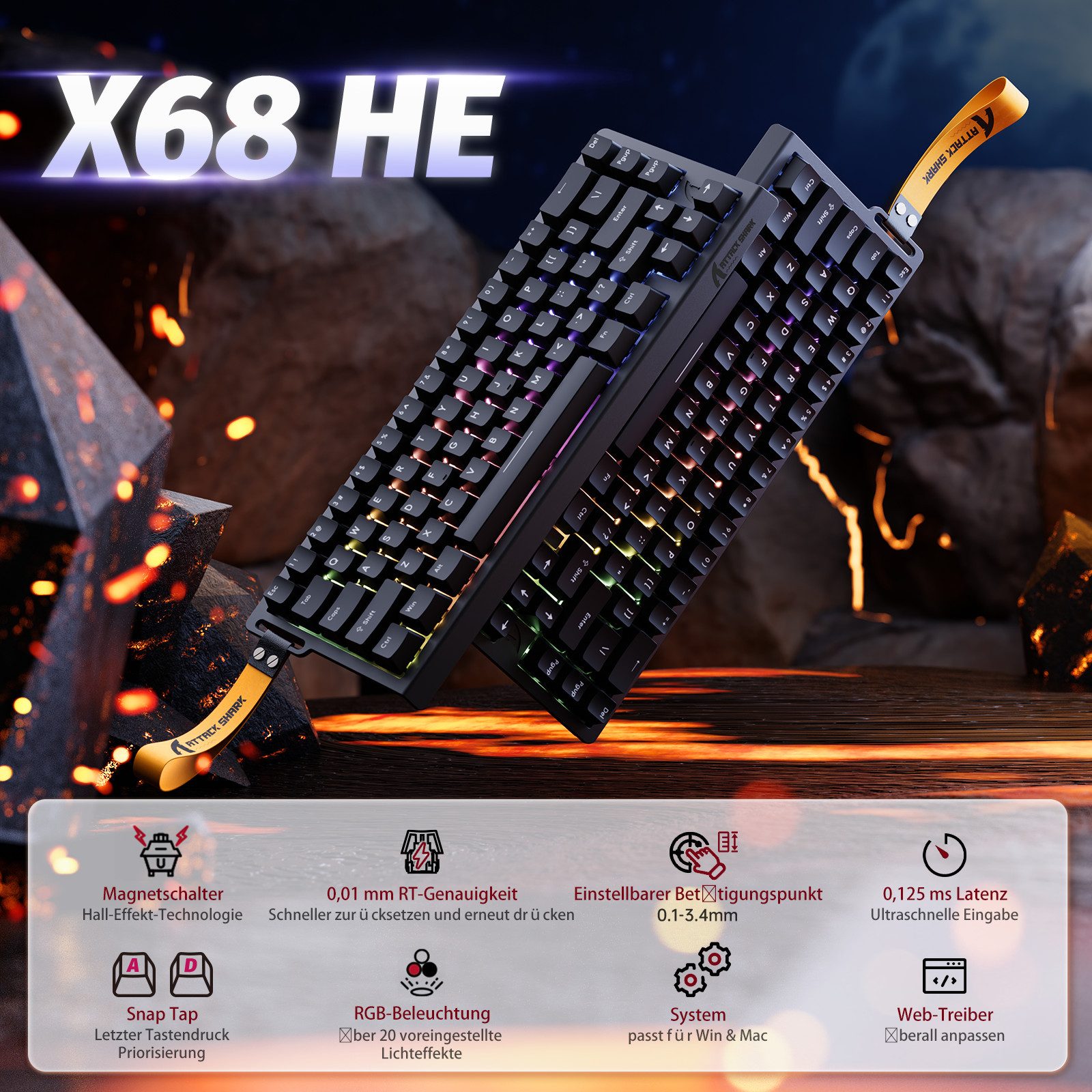 ATTACK SHARK X68 HE 8KHz Rapid Trigger Gaming-Tastatur, 0,01mm,RGB Gaming-Tastatur (Kabelgebunden Hall-Effekt Magnetische Tastatur) – Bild 2 von 5