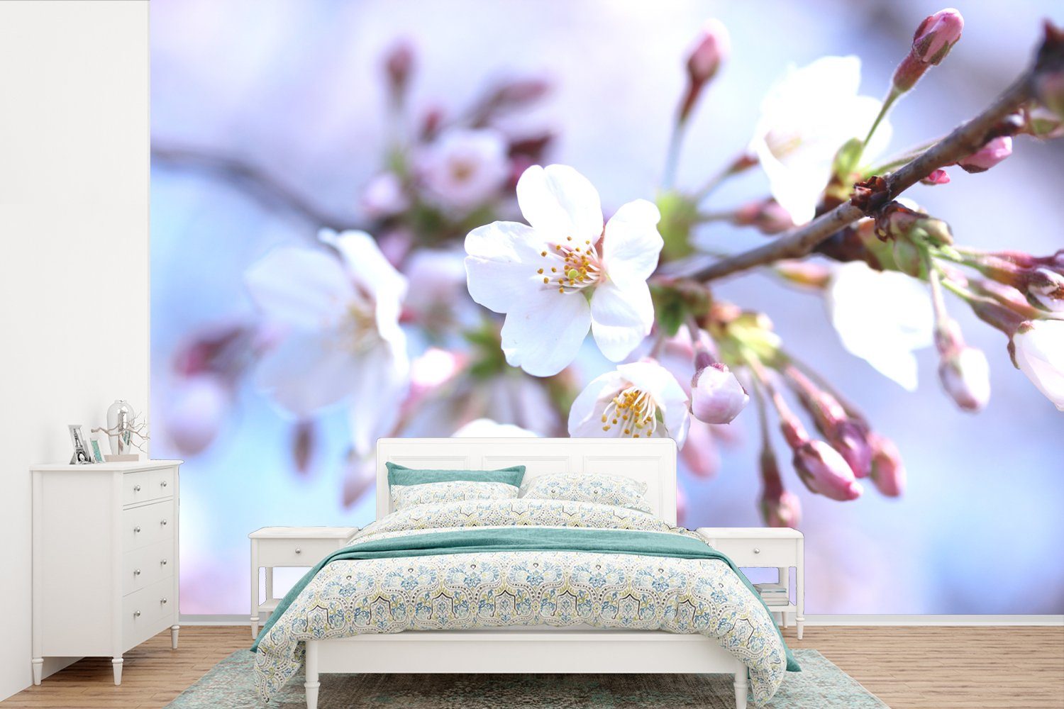 MuchoWow Fototapete Blumen - Sakura - Zweig - Blütendolden, Matt, bedruckt, (6 St), Wallpaper für Wohnzimmer, Schlafzimmer, Kinderzimmer, Vinyl Tapete