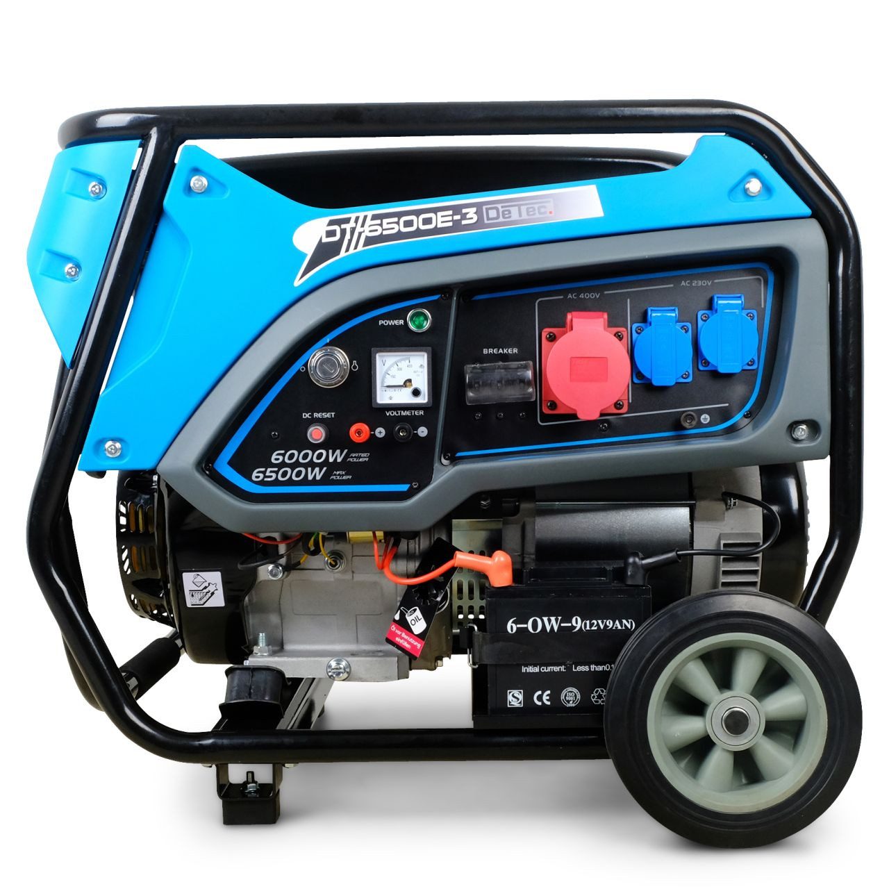 DeTec. Stromerzeuger 3-Phasen Notstromaggregat DT-6500E-3, 6500W 400V Starkstrom + 2x 230V, mit Elektrostart, leise 93 dB(A)