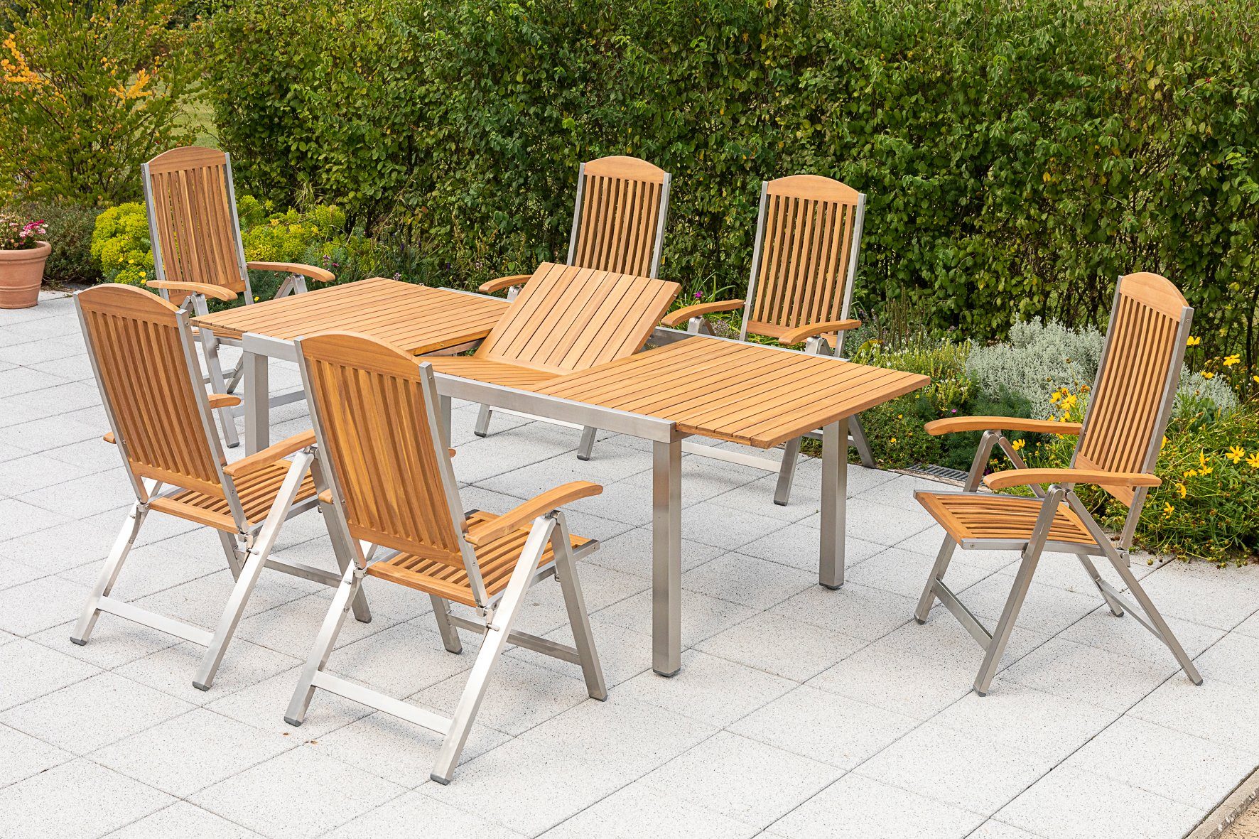 MERXX Garten-Essgruppe Keros, (7-tlg), 6 Klappsessel mit ausziehbarem Tisch
