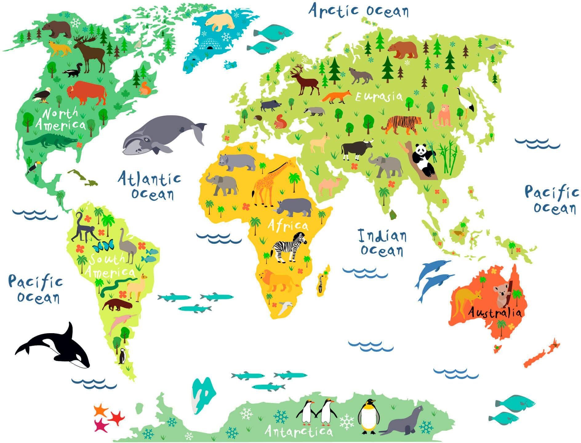 Wall-Art Wandtattoo tierische Weltkarte, selbstklebend, entfernbar
