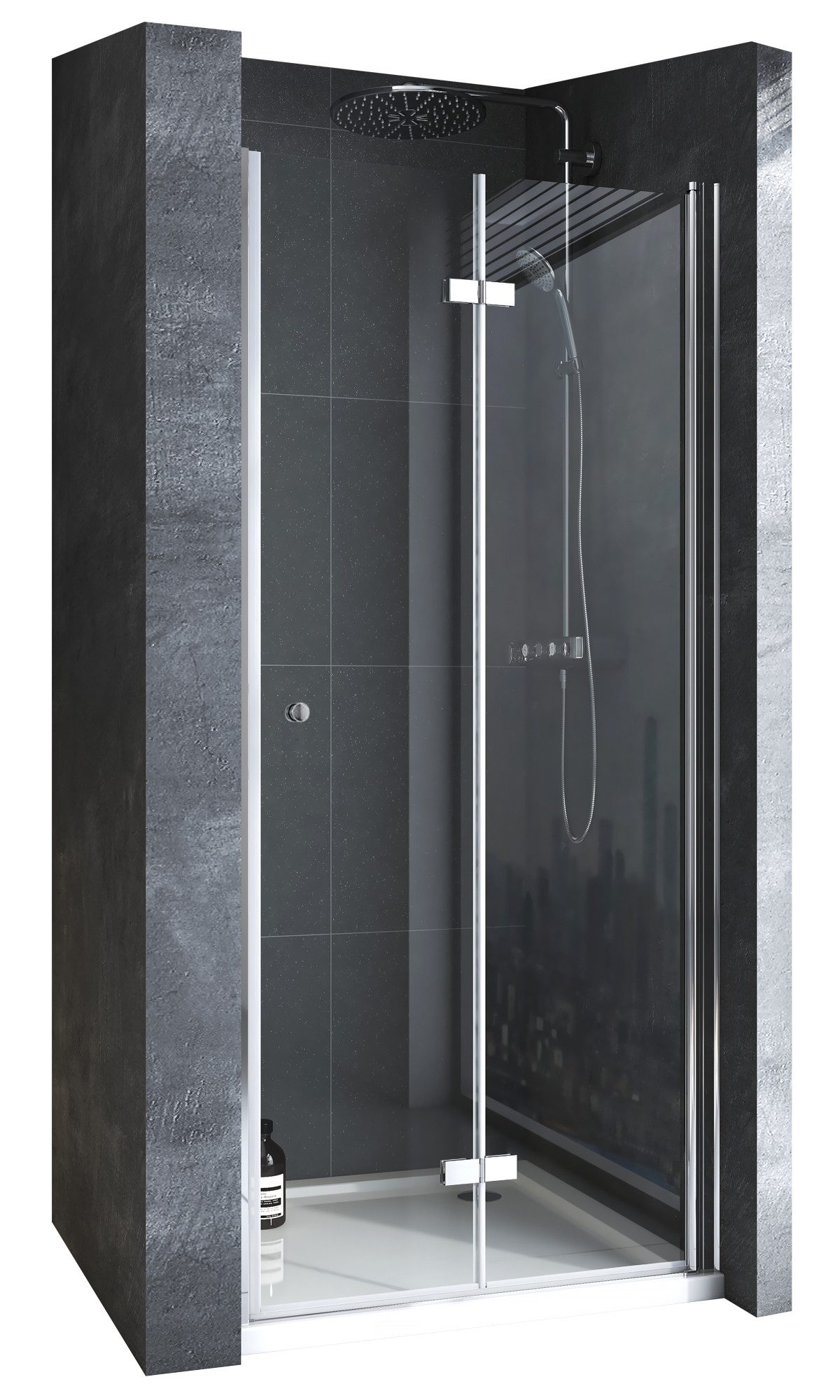 Boromal Dusch-Falttür Duschtür 180º faltbar Falttür Nischentür Dusche 90 100, 75x185 cm, 5mm Sicherheitsglas, (Pendeltür Scharniertür, B:75/80/90/100/120cm) mit Alu Bodenleiste, Aluprofile, Rechts-und Links montierbar