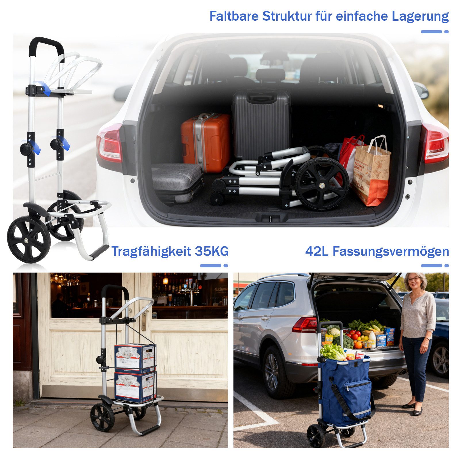 Sekey Einkaufstrolley 3-in-1 mit Kühlfach und Spanngurt, Faltbarer Einkaufswagen 42L & 35kg, 3-in-1 Trolley, Sackkarre & Umhängetasche, Ideal für Einkäufe