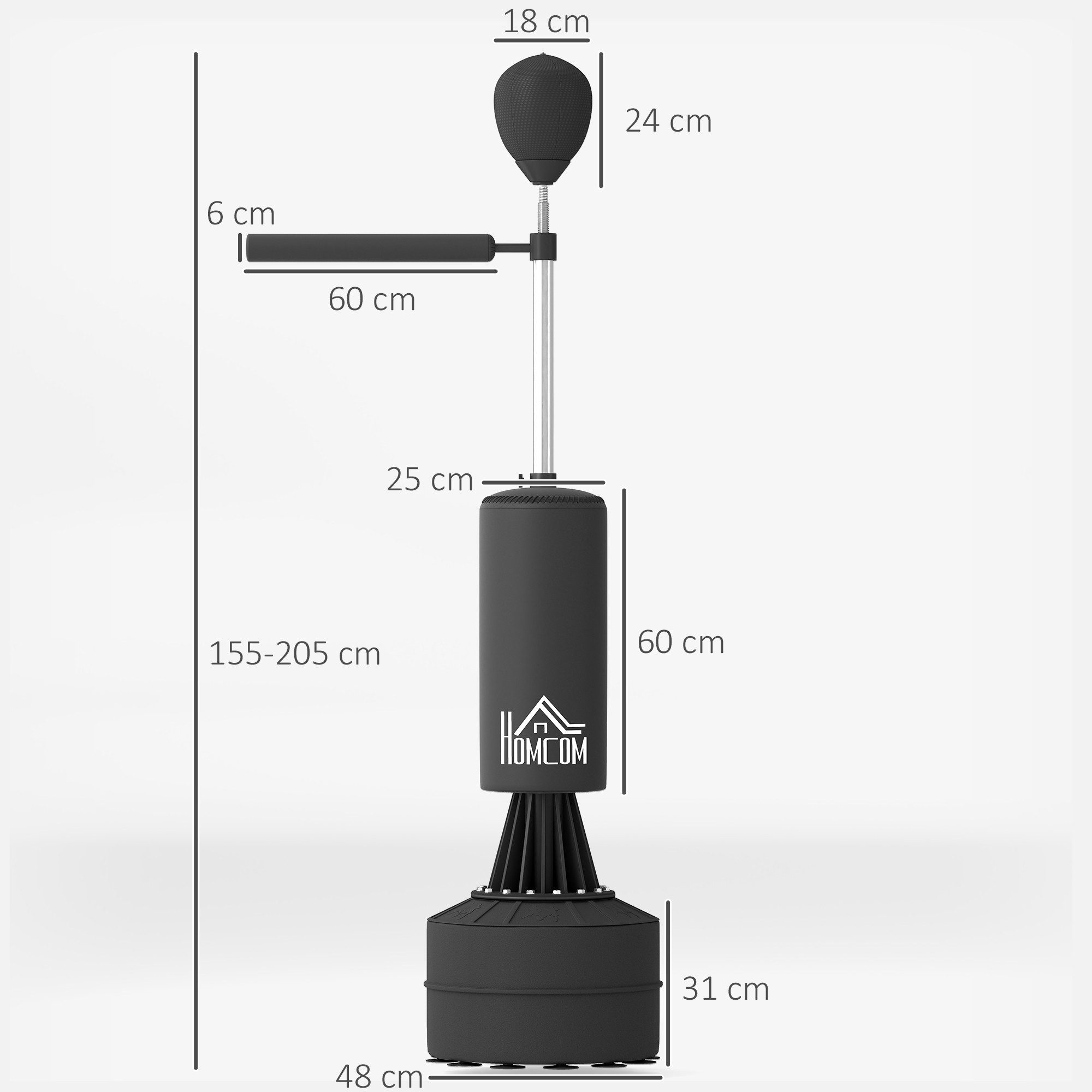 HOMCOM Standboxsack Boxsack stehend 155-205cm mit Speedball Kickboxsack (Punchingball Set, 1-tlg., freistehend Boxsack), Höhenverstellbar, Schwarz