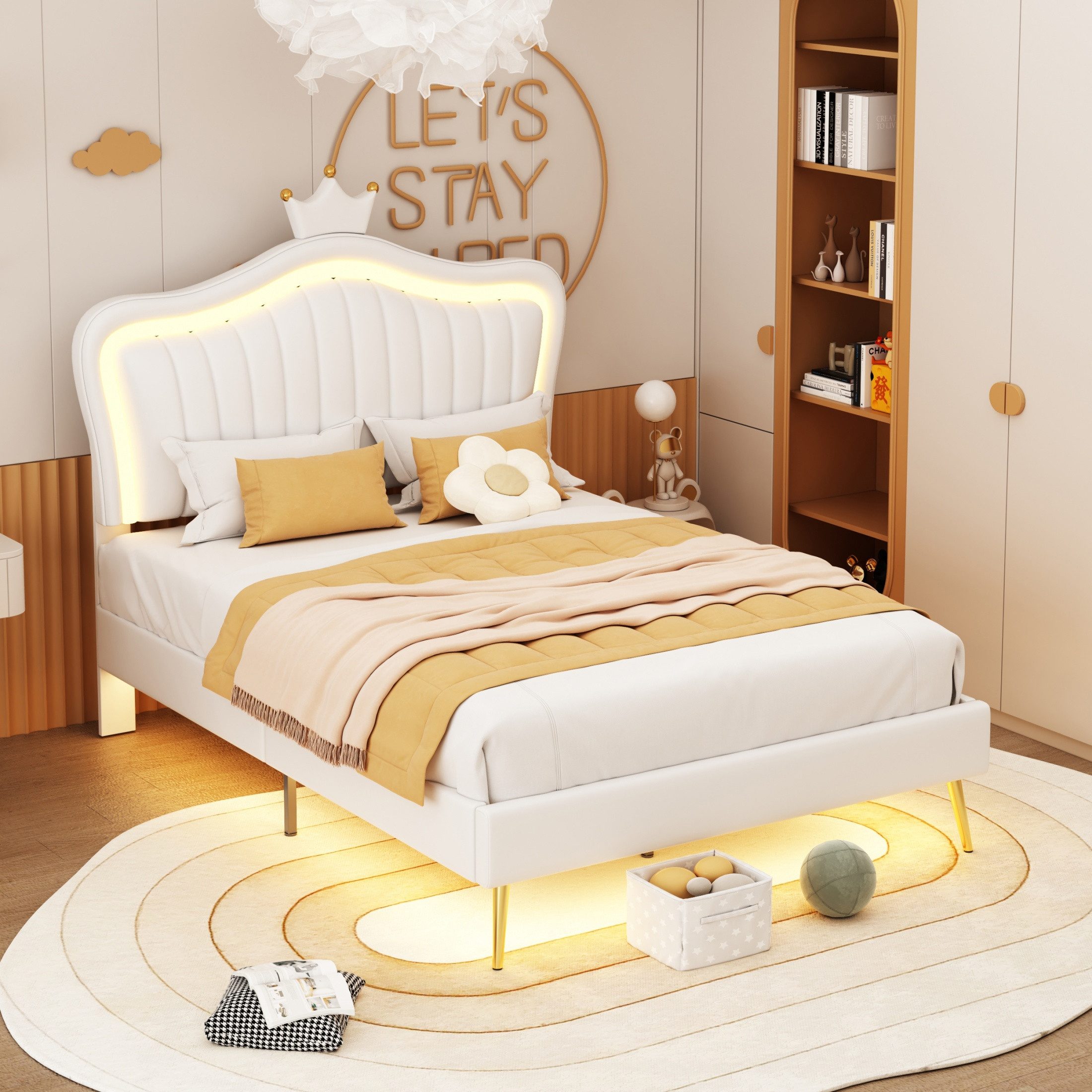 Blossom Kinderbett Einzelbett Polsterbett 90 x 200 cm mit Kronendesign, LED-Beleuchtung, Kunstlederbezug, Lattenrost gepolstertem Kopfteil, Mädchenbett