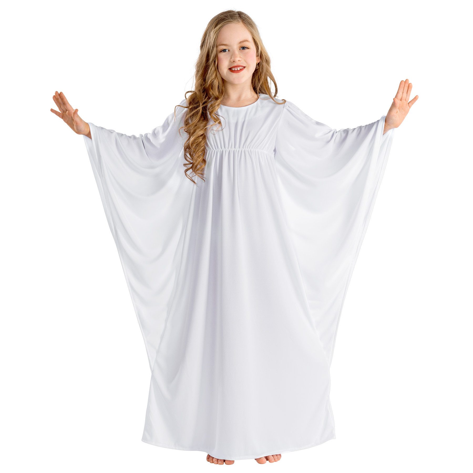 dressforfun Engel-Kostüm Himmelsbote/Heilige, in weiß, Gr. 152 (12-14 Jahre), Bequemes Jersey, Stehkragen mit Klettverschl., Raffung unter der Brust, Flügelärmel