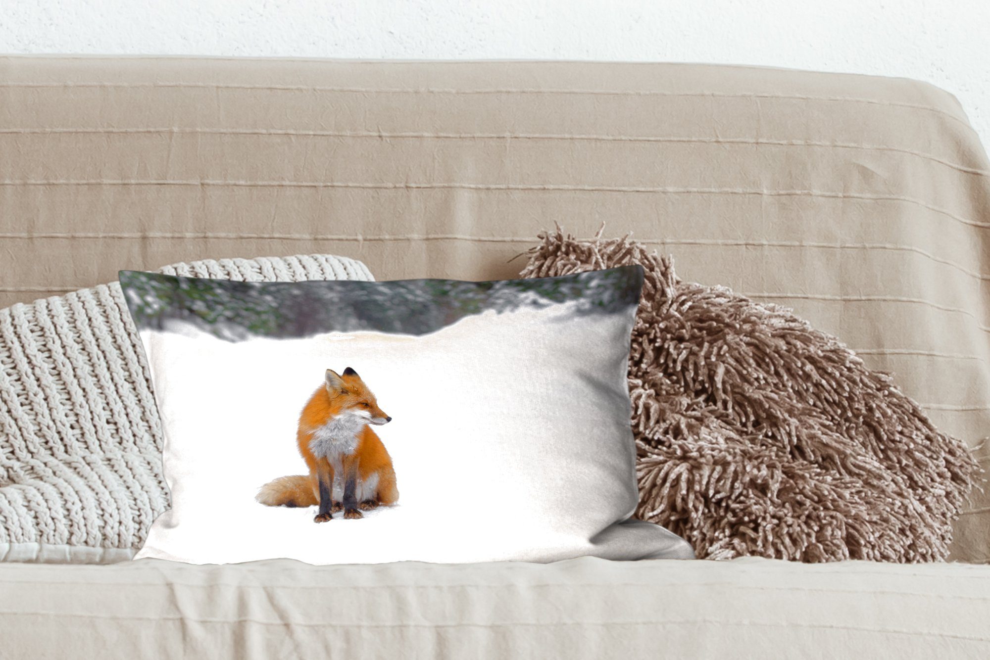 Schlafzimmer Fuchs Dekoration, Zierkissen, - Winter, Dekokissen Wohzimmer Dekokissen Füllung, MuchoWow - mit Schnee