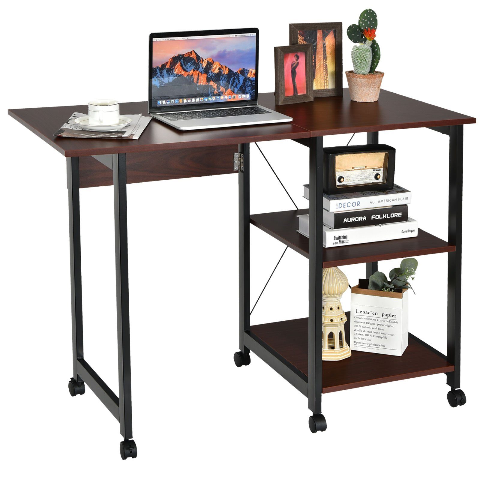 COSTWAY Computertisch »Schreibtisch«, klappbar, mit 2-stufigen  Ablagefächern & 6 Rädern, Braun online kaufen | OTTO