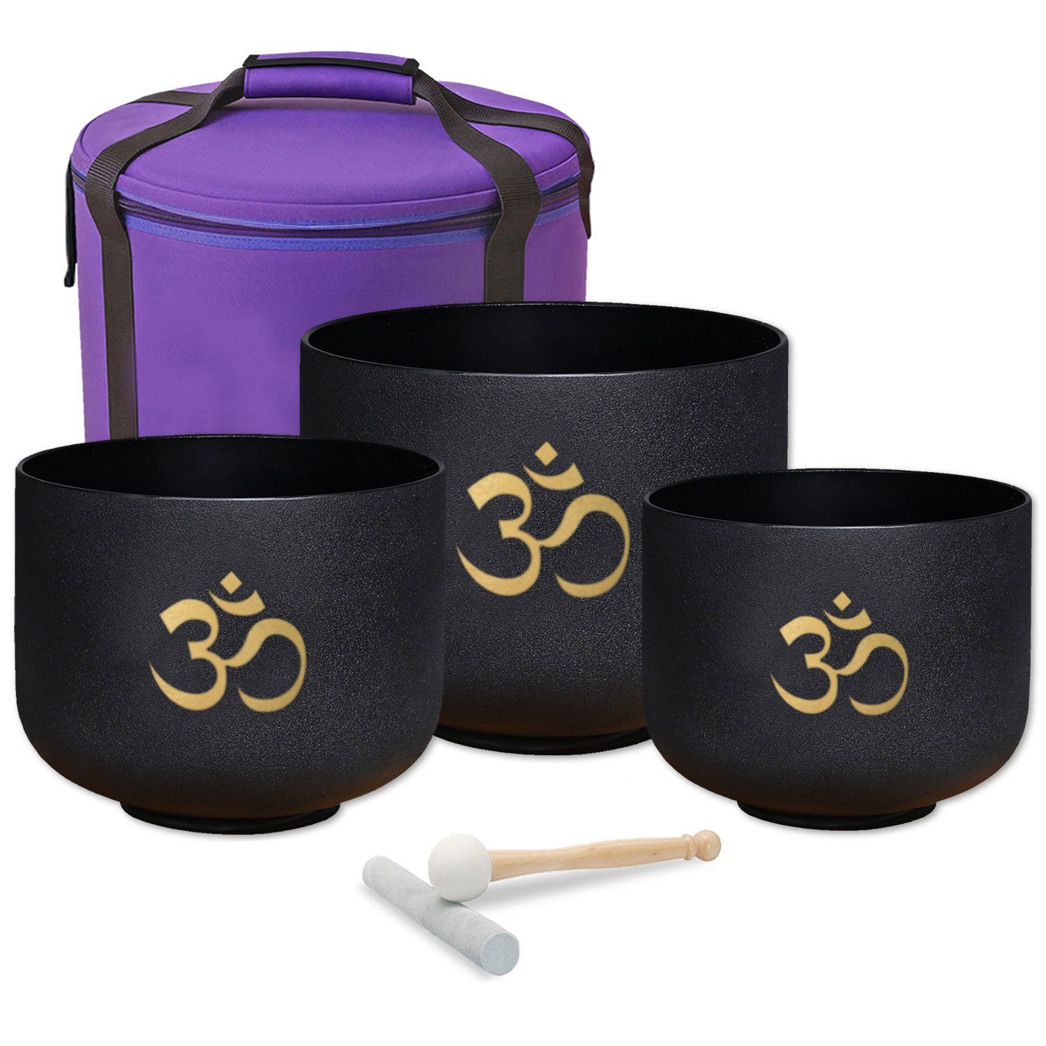 keepdrum Klangschalen keepdrum Klangschalen-Set OM Schwarz 3-Chakren Set mit Zubehör,Klangschalen, 3-teiliges Quarz-Klangschalen Set