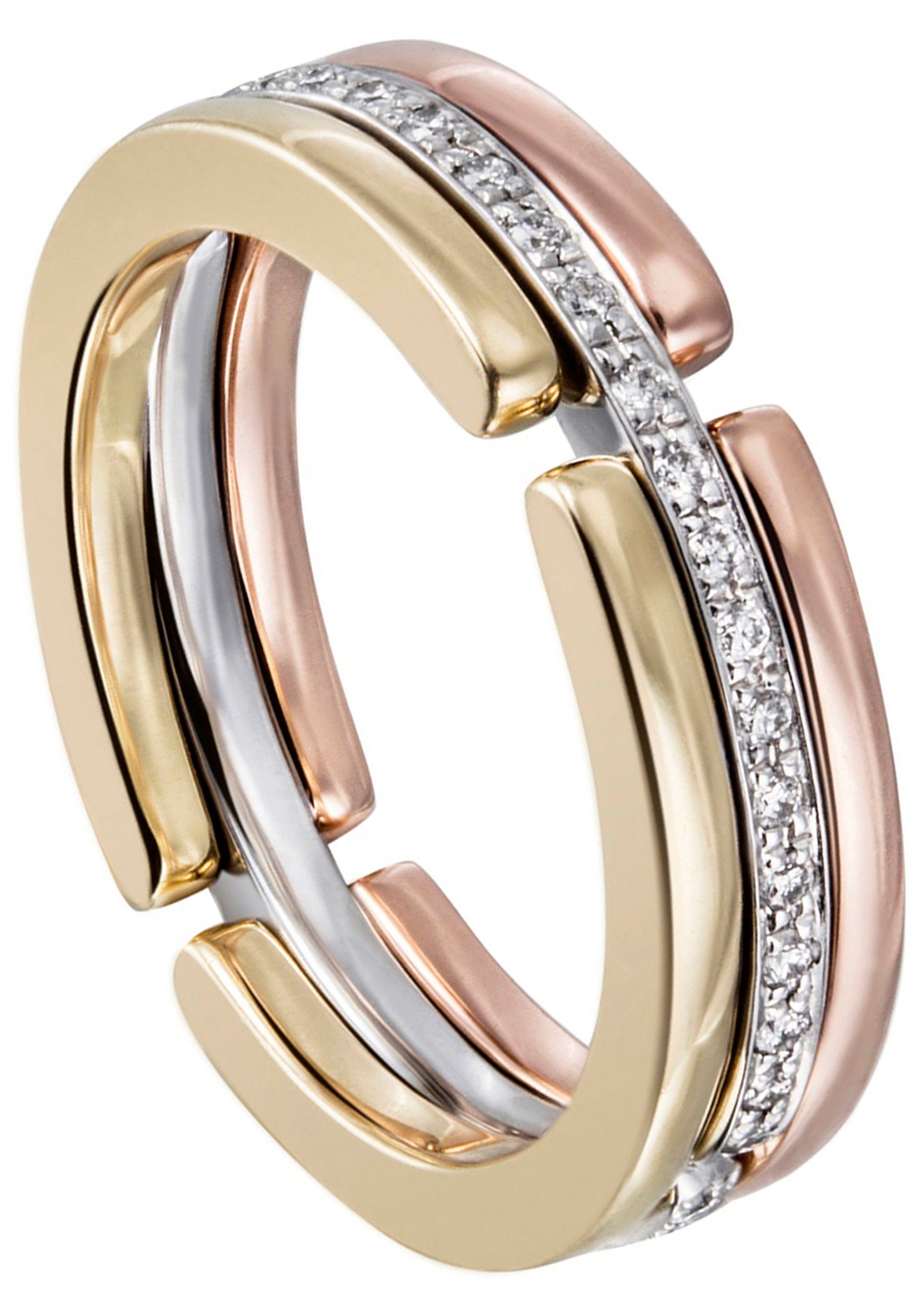 Fingerring Tricolor-Ring mit Diamanten rundum