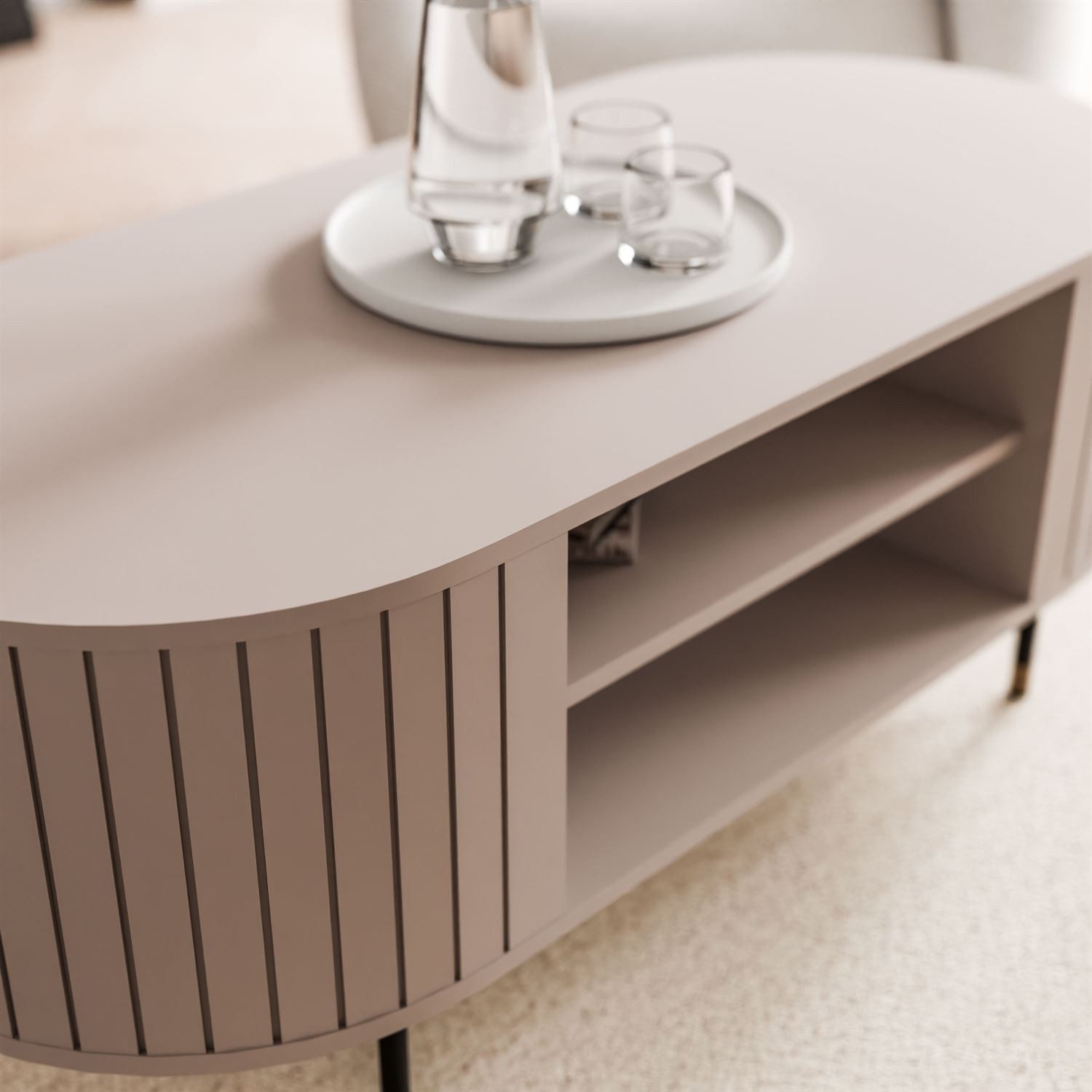 yourhouse24 Couchtisch LINNEA Oval 104cm mit Ablage Lamellen Kaschmir/Schwarz (1x Couchtisch), Ovale Form im Lamellen-Design