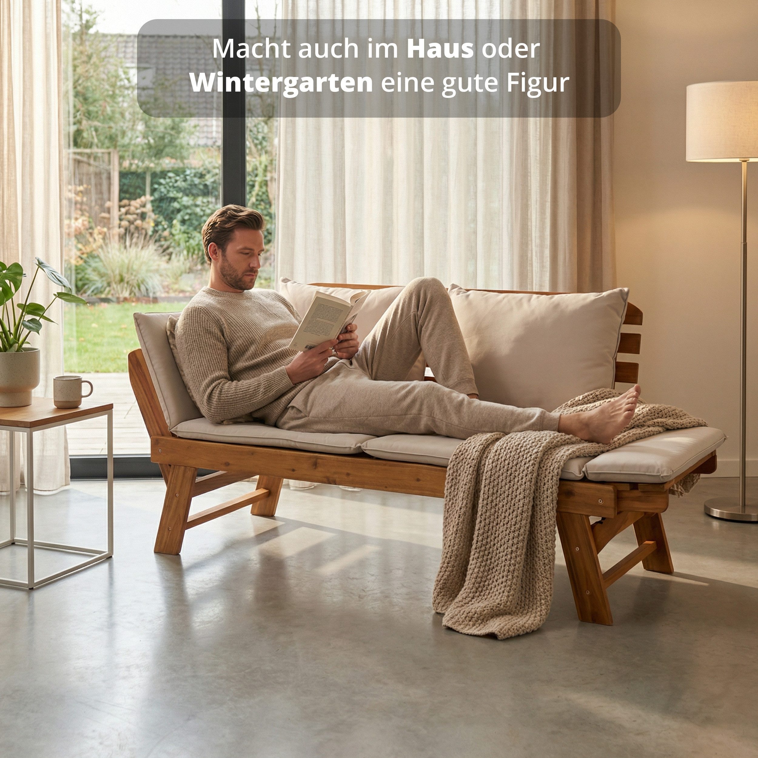 KHG Gartenliege Akazie geölt, Daybed, Sonnenliege, Lounge-Set klappbar, 1 St., Creme, Schlaffunktion