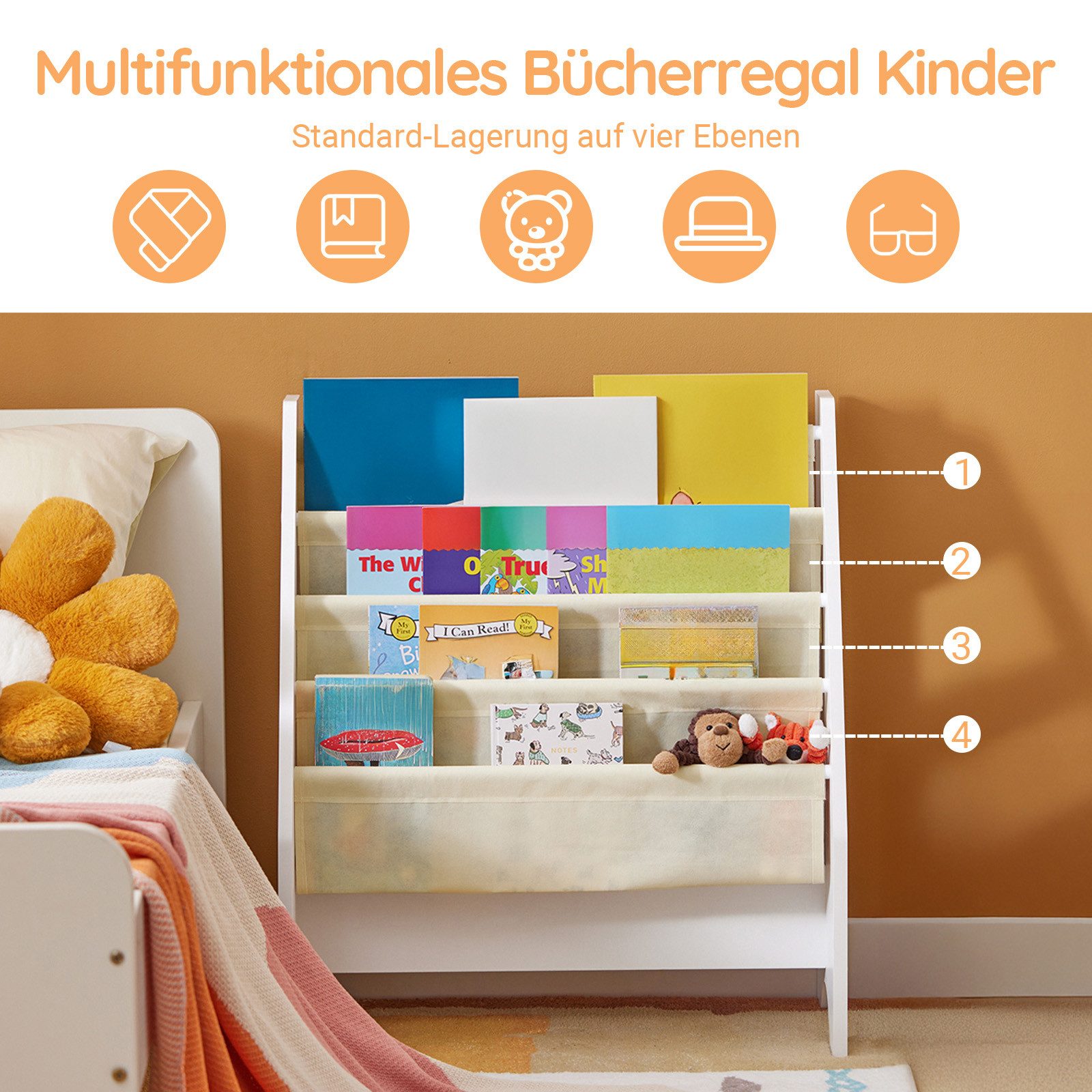 SoBuy Bücherregal FRG225, Spielzeugregal Spielzeugtruhe für Kinderzimmer, Spielzimmer, Kinderbücherregal mit 4 Ablagefächern Hängefächerregal Zeitungsständer