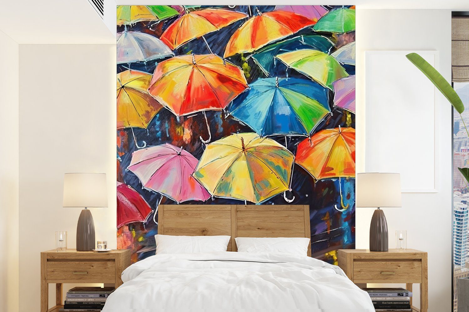 MuchoWow Fototapete Regenschirme - Malerei - Kunst - Regenbogen, Matt, bedruckt, (4 St), Montagefertig Vinyl Tapete für Wohnzimmer, Wandtapete