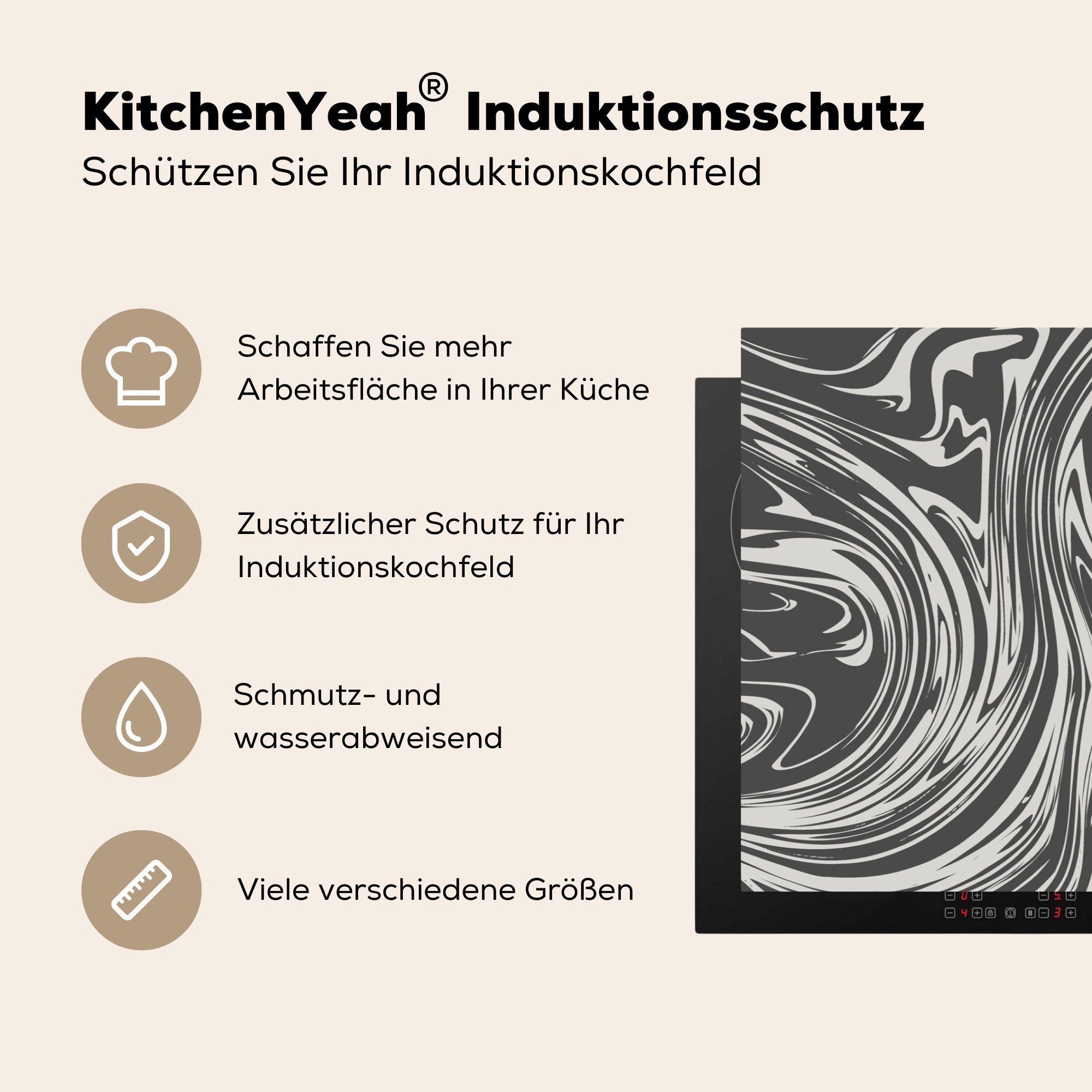 die für Ceranfeldabdeckung (1 - Vinyl, Induktionskochfeld - Marmor Herdblende-/Abdeckplatte Schutz Eisen MuchoWow Muster, 81x52 cm, tlg), küche,