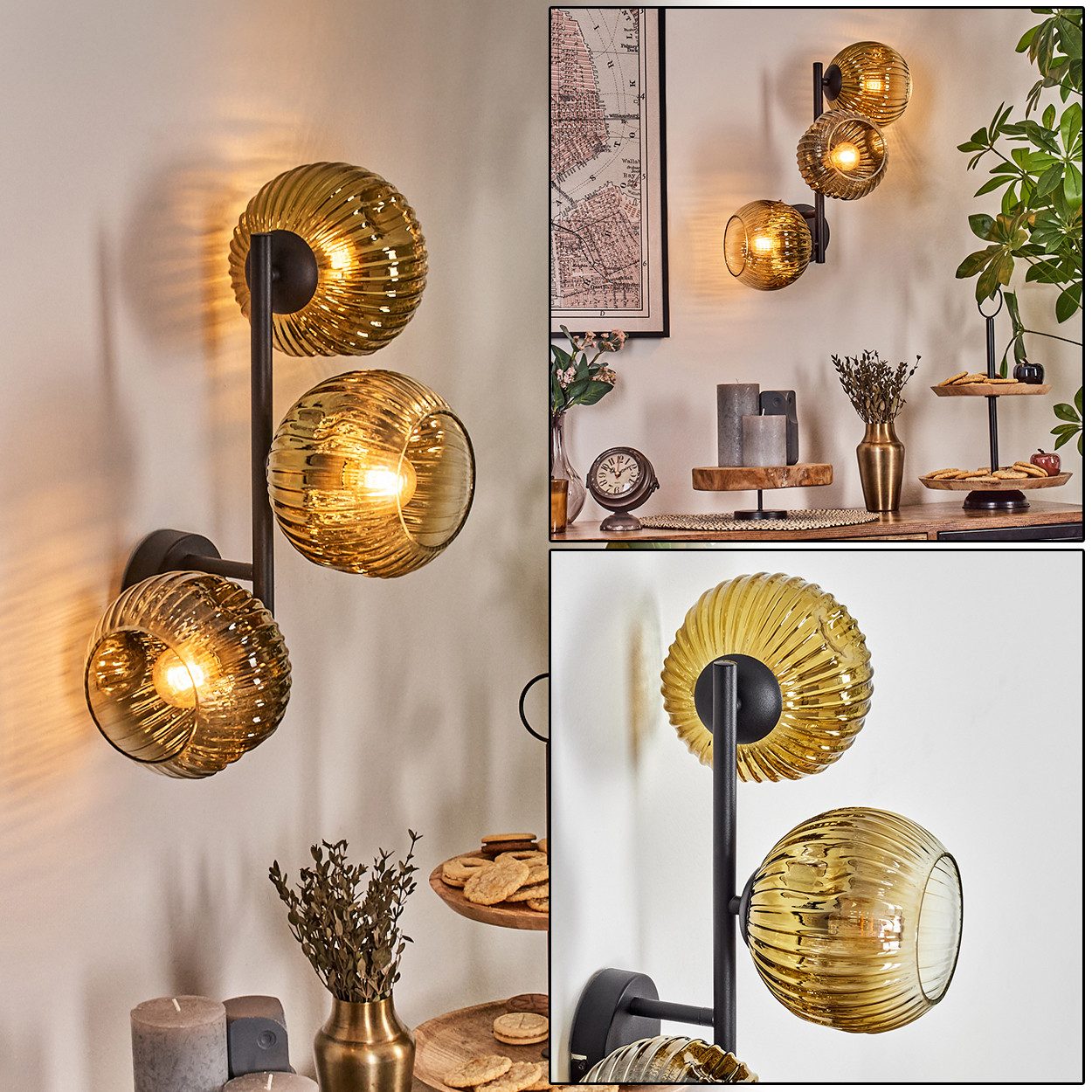 hofstein Wandleuchte Wandlampe aus Metall/Riffelglas in Schwarz/Goldrben/Klar, ohne Leuchtmittel, moderne Wandleuchte im Retro/Vintage-Design (Schirme 15 cm), E14