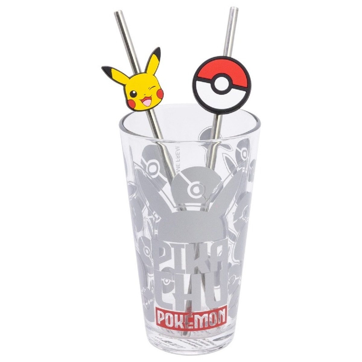 POKEMON JUEGO DE CARTAS Glas 480 ml mit 2 Edelstahl Trinkhalmen, 3-tlg., Glas