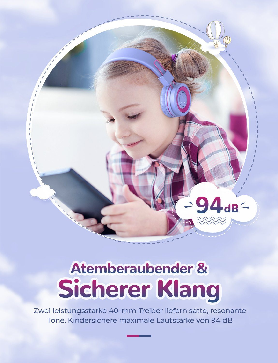 iclever BTH02 Kopfhörer für Stirnband, MIC am Verstellbares für (Bluetooth, On-Ear-Kopfhörer rot Kinder Kinderkopfhörer mit Schule) lila Ohr Faltbar