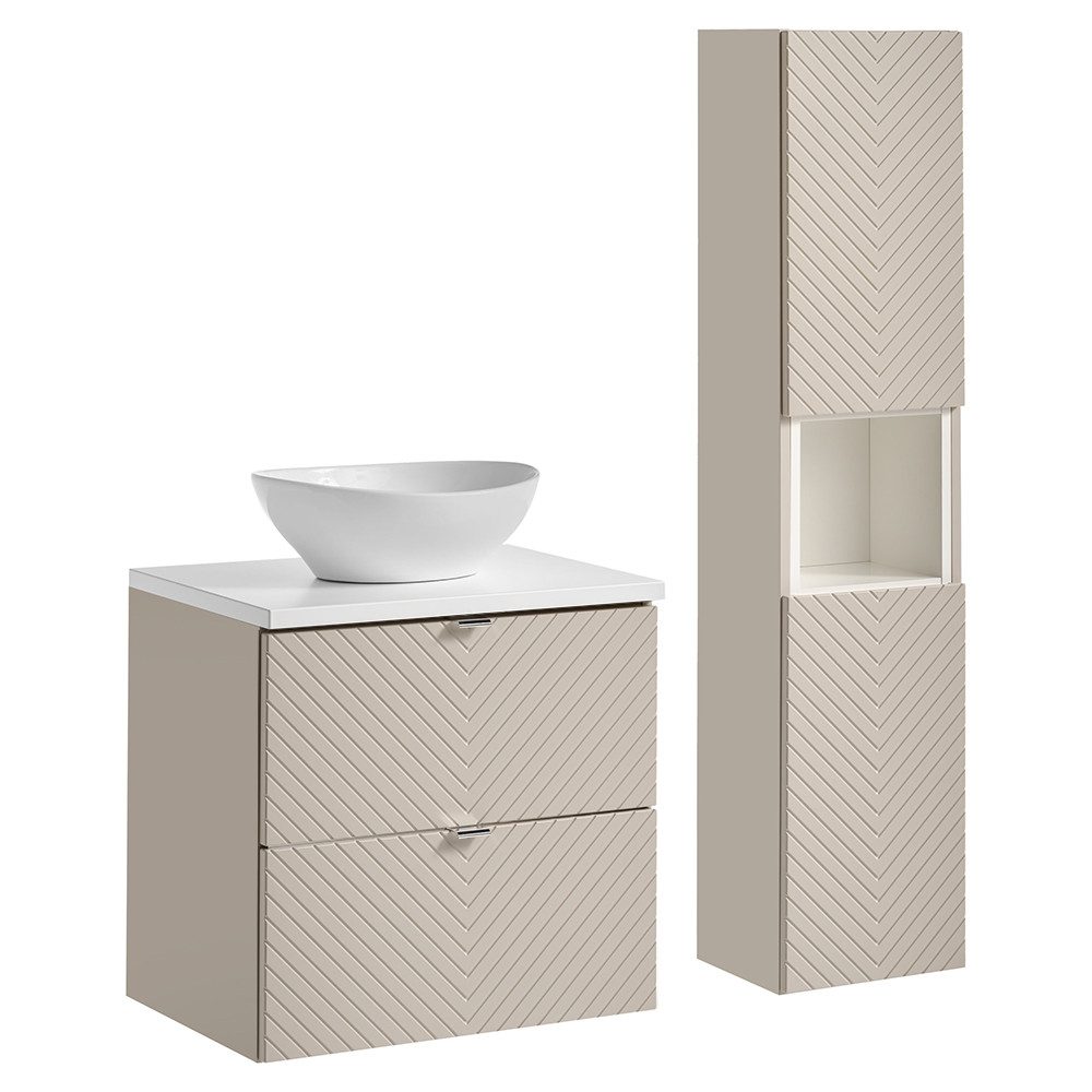 Lomadox Badmöbel-Set VERACRUZ-56, (Spar-Set, 2-St., Waschtisch Hochschrank), 60cm breit mit Aufsatzwaschbecken, kaschmir mit weiß, gerillte Front