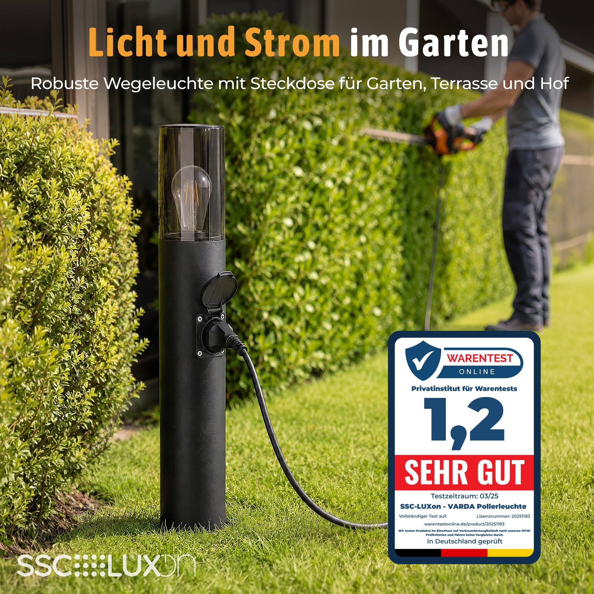 SSC-LUXon LED Gartenstrahler VARDA Wegeleuchte mit Steckdose LED Birne E27 Retro extra warmweiß 3W, Extra Warmweiß