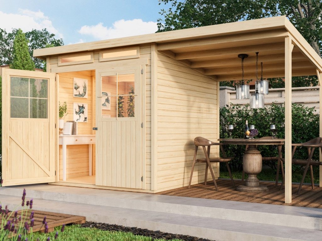 Karibu Gartenhaus Gartenhaus Glücksberg 3 19 mm naturbelassen inkl. 1,9 m Anbaudach, BxT: 415x236 cm, Anbaudach, 19 mm Wandstärke, Doppeltür mit Kunstglas-Einsätzen