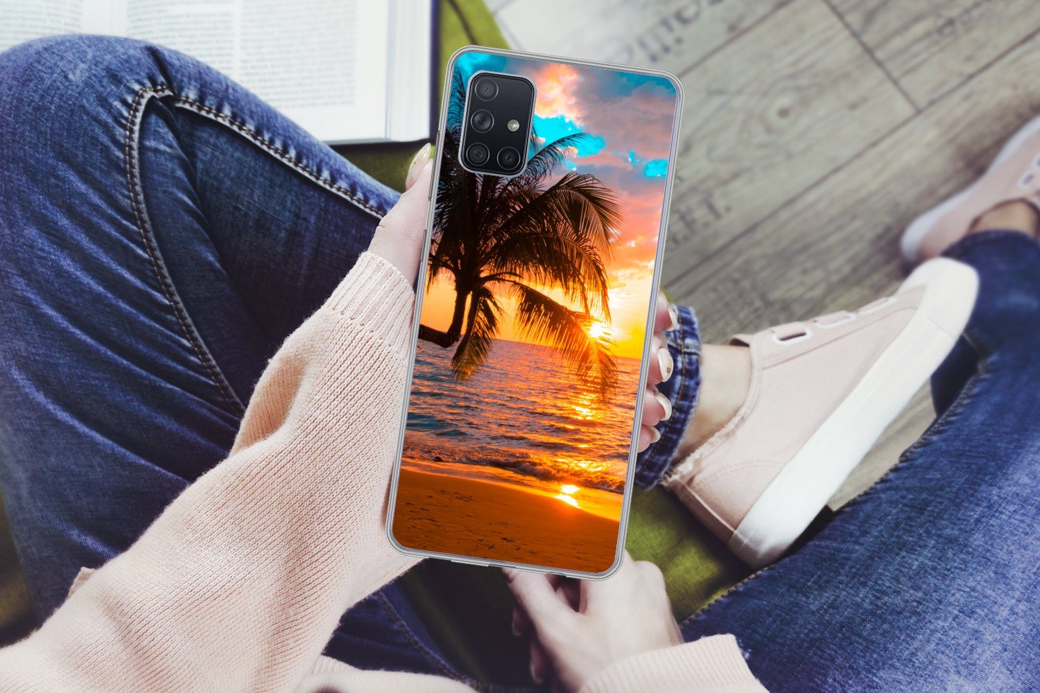 MuchoWow Handyhülle für Samsung Galaxy A51 Palme - Sonnenuntergang - Horizont - Strand - M, Smartphone-Bumper, Print, Handy Schutzhülle Dünn