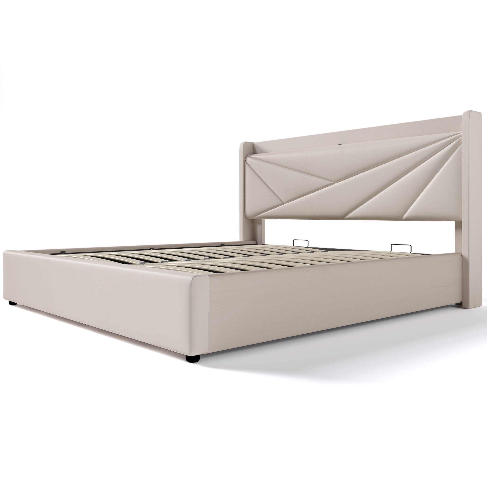 Polsterbett (Funktionsbett mit Lattenrost und Matratze), Stauraumbett 160x200cm mit USB Typ C Ladefunktion Kopfteil, Leinen