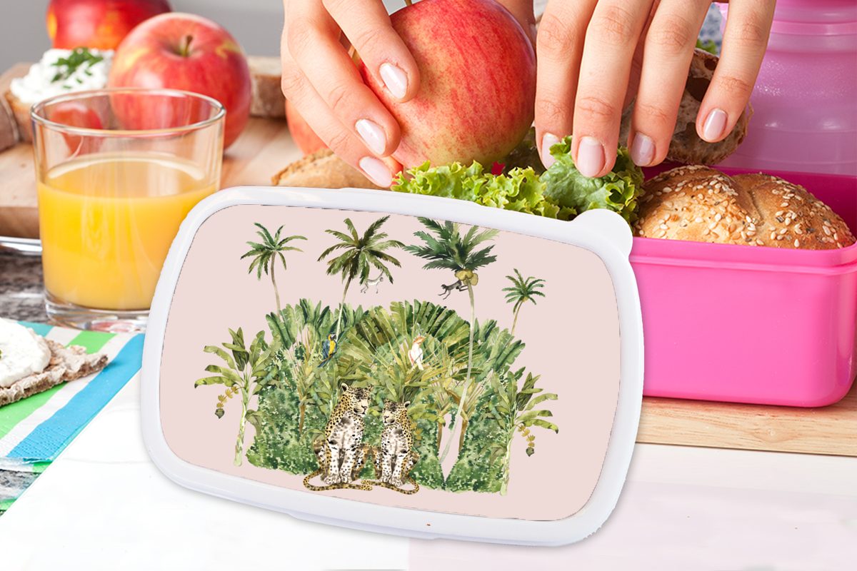 MuchoWow Lunchbox Dschungel - Tiere (2-tlg), - Kunststoff für Erwachsene, Mädchen, Bäume, Snackbox, Kinder, rosa Brotbox Brotdose Kunststoff