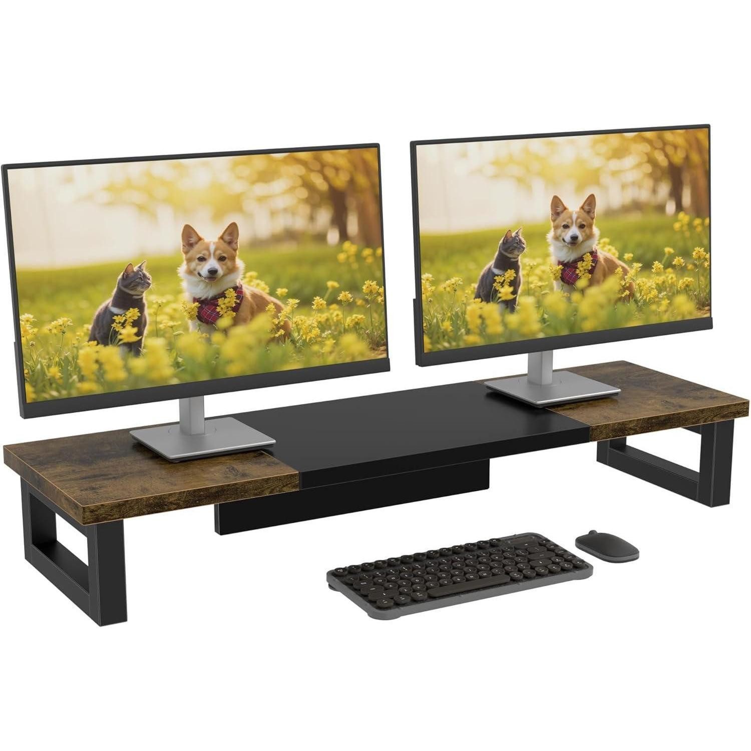 Monitorständer Monitorständer 2 Monitore 91x26cm PC TV Rustikales Holz 91x26x12.5cm