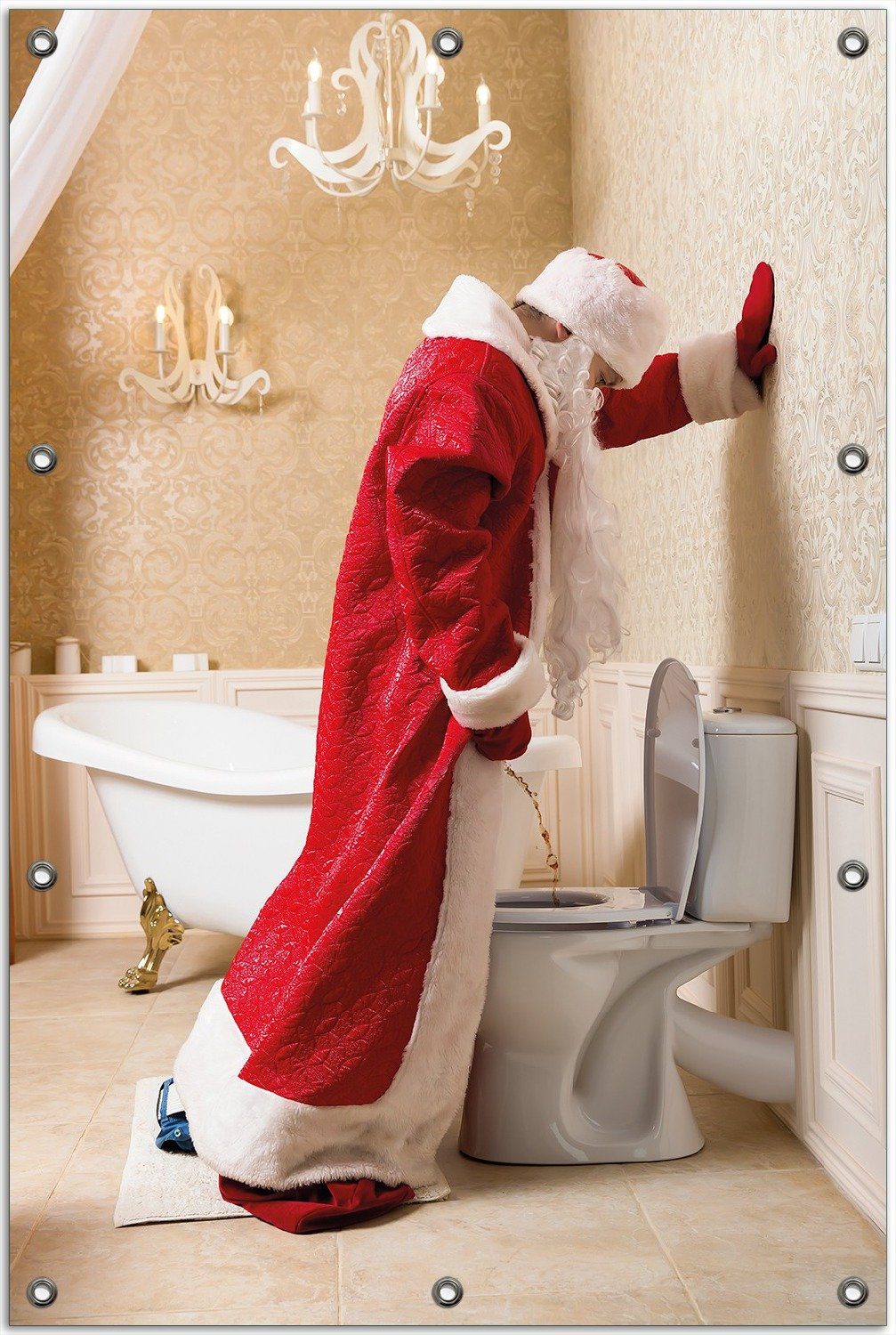 Wallario Sichtschutzzaunmatten Weihnachtsmann macht Pause und pinkelt auf edler Toilette