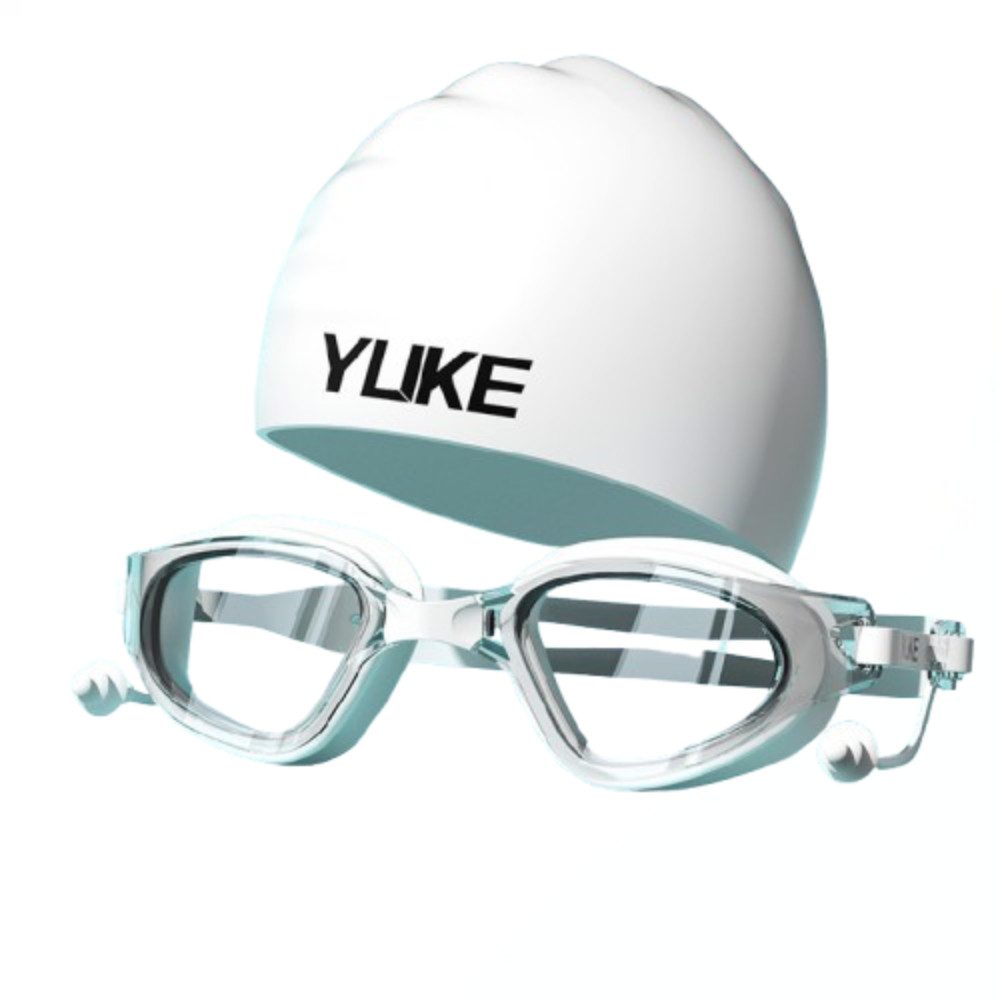 Blusmart Schwimmbrille Universelles Schwimmbrillen- und Badekappen-Set für Damen und Herren, (HD-Antibeschlag und wasserdichter großer Rahmen, Schwimmbrille und integrierte Ohrstöpsel), Set bestehend aus Schwimmbrille + Silikon + Aufbewahrungsbox