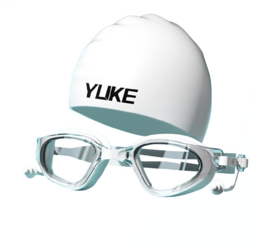 Blusmart Schwimmbrille Universelles Schwimmbrillen- und Badekappen-Set für Damen und Herren, (HD-Antibeschlag und wasserdichter großer Rahmen, Schwimmbrille und integrierte Ohrstöpsel), Set bestehend aus Schwimmbrille + Silikon + Aufbewahrungsbox
