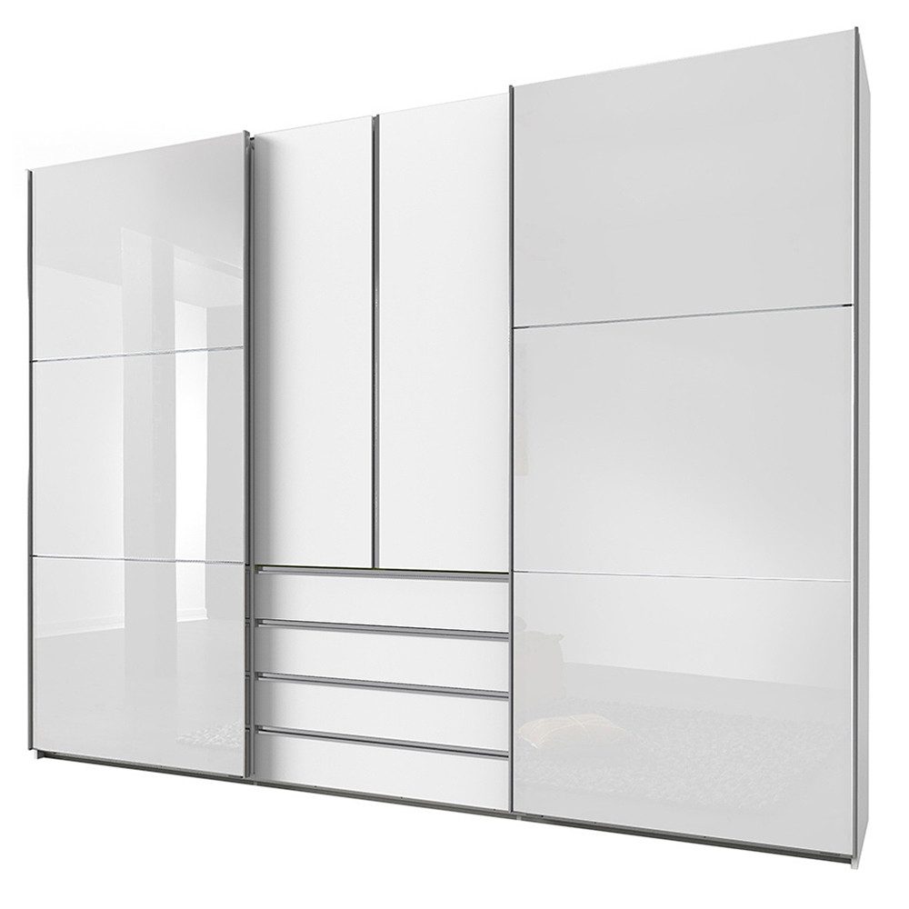 Lomadox Kleiderschrank MIDLAND-43 in weiß Glasfronten grau Schwebetüren Drehtüren 300x236x65 cm