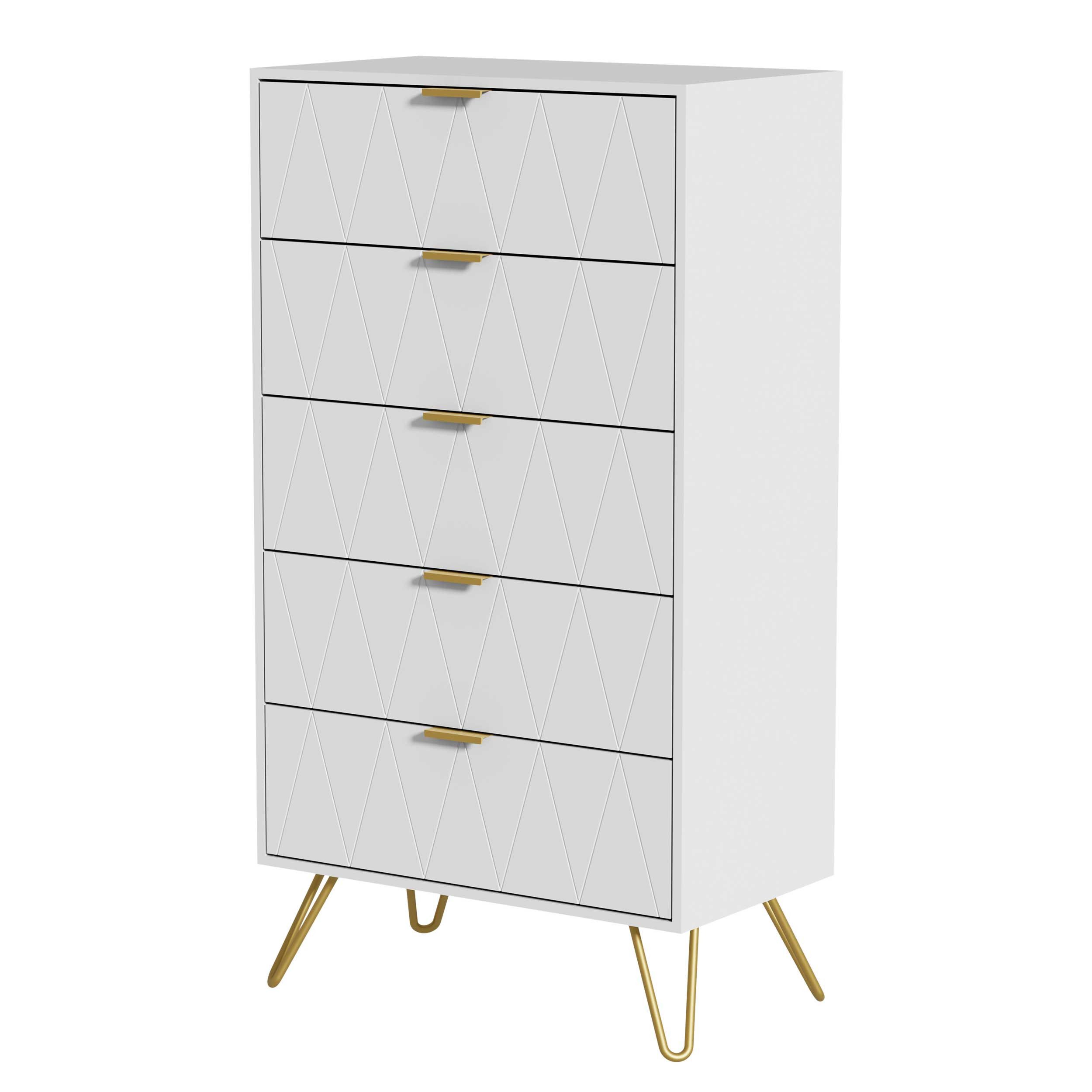 UEV Kommode mit 5 Schubladen, Highboard, Schmal Beistellschrank (Mehrzweckschrank für Wohnzimmer Schlafzimmer Büro Flur, Sideboard mit Schubladen weiß/schwarz/dunkel blau), 60x34x110cm, Schubladenschrank, Aufbewahrungsschrank, mit Kisppschutz